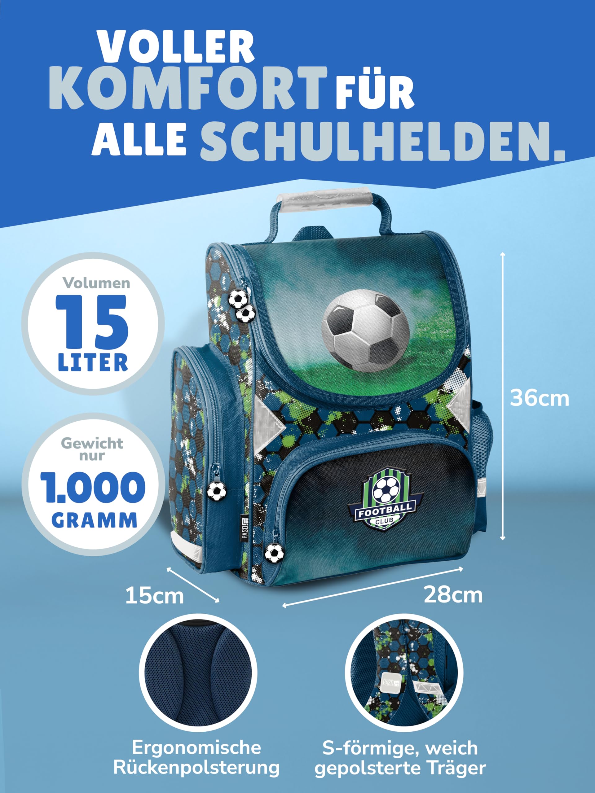 Familando - Schulranzen Set - 10-teilig mit Schultüte - Fussball - Ergonomisch, stabil & mit gepolstertem Rücken - 1000g leicht - 15L Volumen - Mit Reflektoren - Für Grundschule ab 1. Klasse