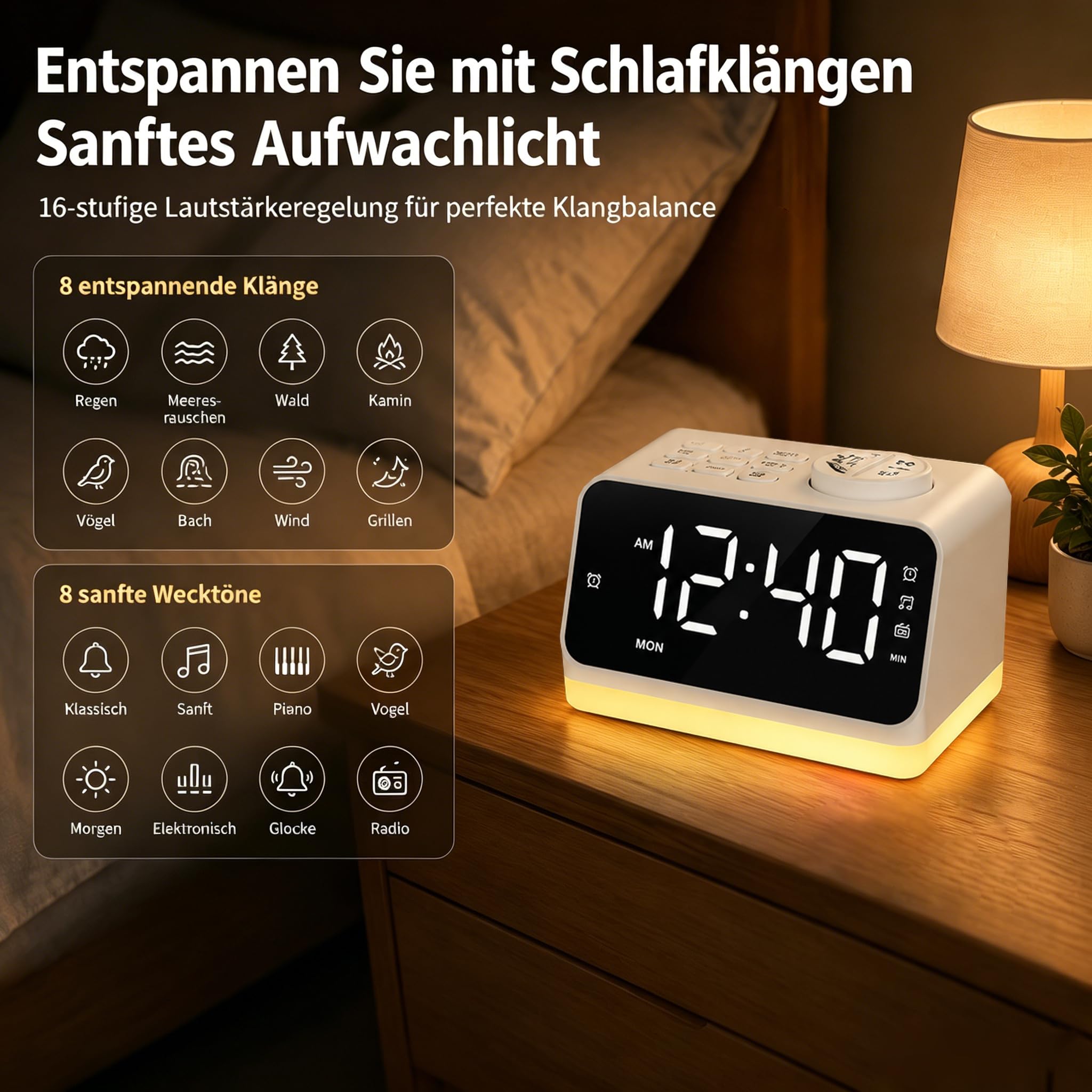 Radio-réveil numérique pour chambre à coucher - Veilleuse 8 couleurs (0 à 100 % à intensité variable), double alarme avec 7 sons d'alarme, minuterie de sommeil flexible (10 à 480 min), 2 ports de