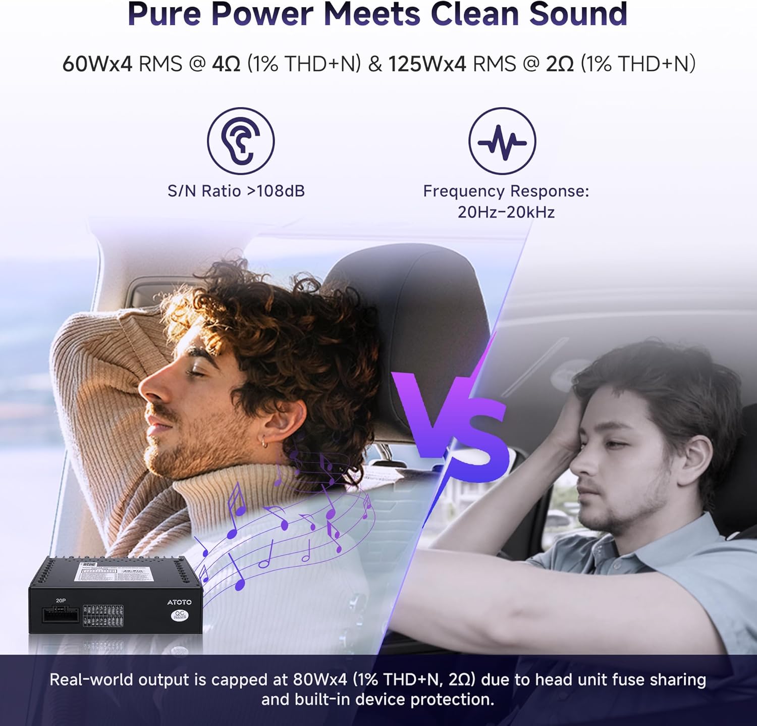 Image illustrating the sound quality features of the ATOTOZONE CA-AEC122DL amplifier, including S/N Ratio and Frequency Response.