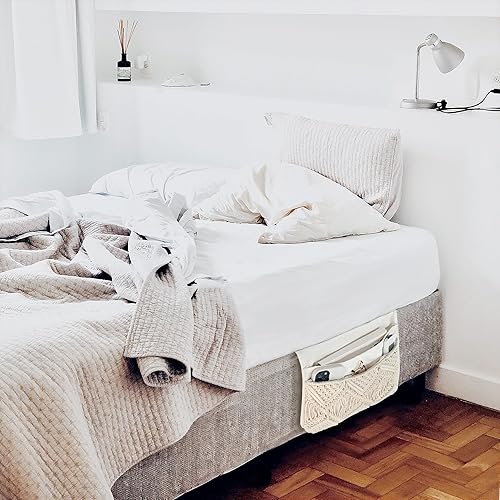 Miniatura 5 de Mkono Organizador de almacenamiento de macramé para mesita de noche, soporte para tableta, revistero, color marfil, juego de 2