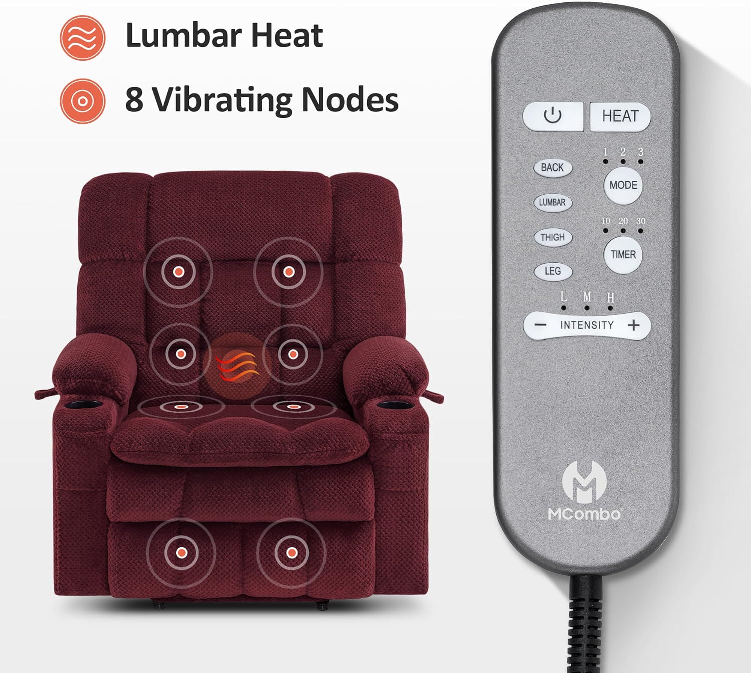 MCombo Dual Motor Power Lift Recliner Chair Sofa with Massage and Heat for Big Elderly People, Infinite Position, USB Ports, Cup Holders, Fabric R7897 (Burgundy, Medium-Wide)