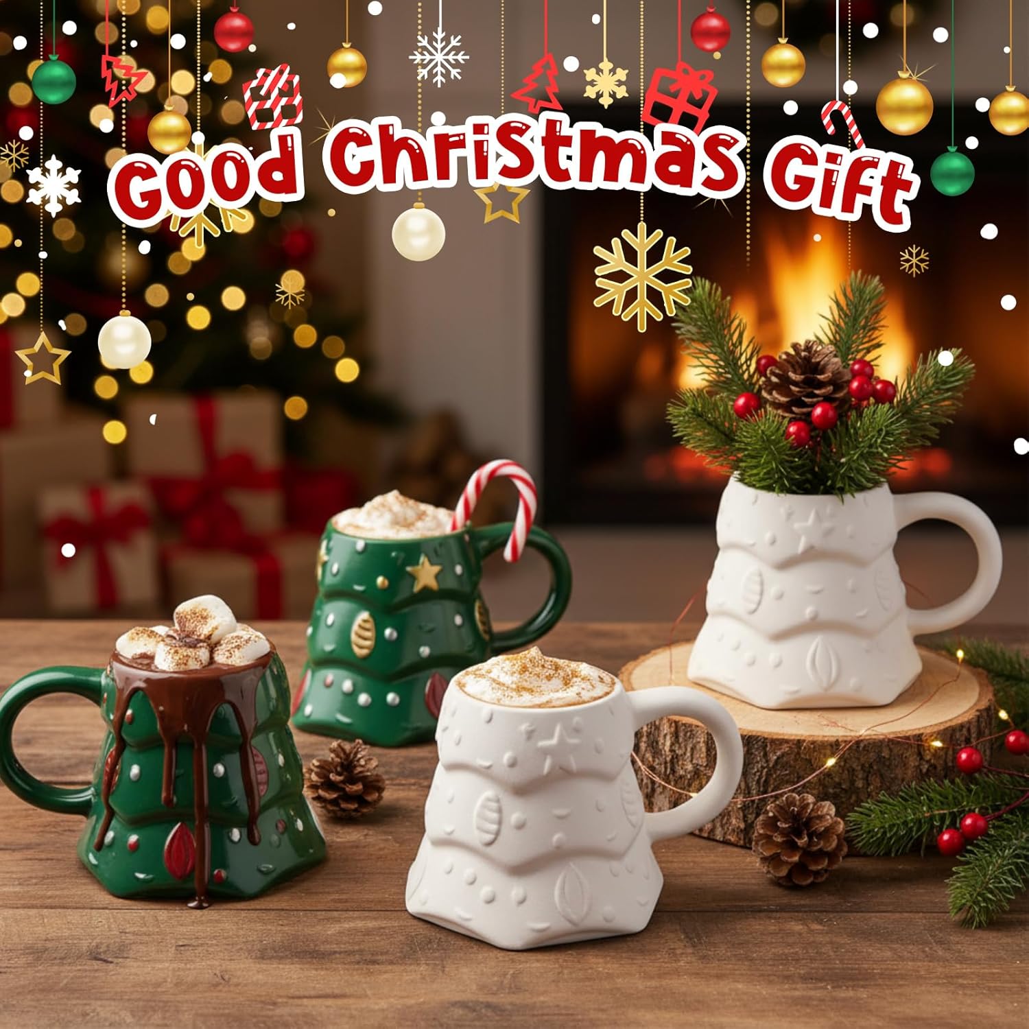 Zubebe 4 Sets Christmas Paint Your Own Mugs Craft Kit, Xmas Ceramic to Paint, Christmas Tree DIY Mugs for Adults, Festive Coffee Tea Cup for Adults with Painting Set for Xmas Craft Family Gift