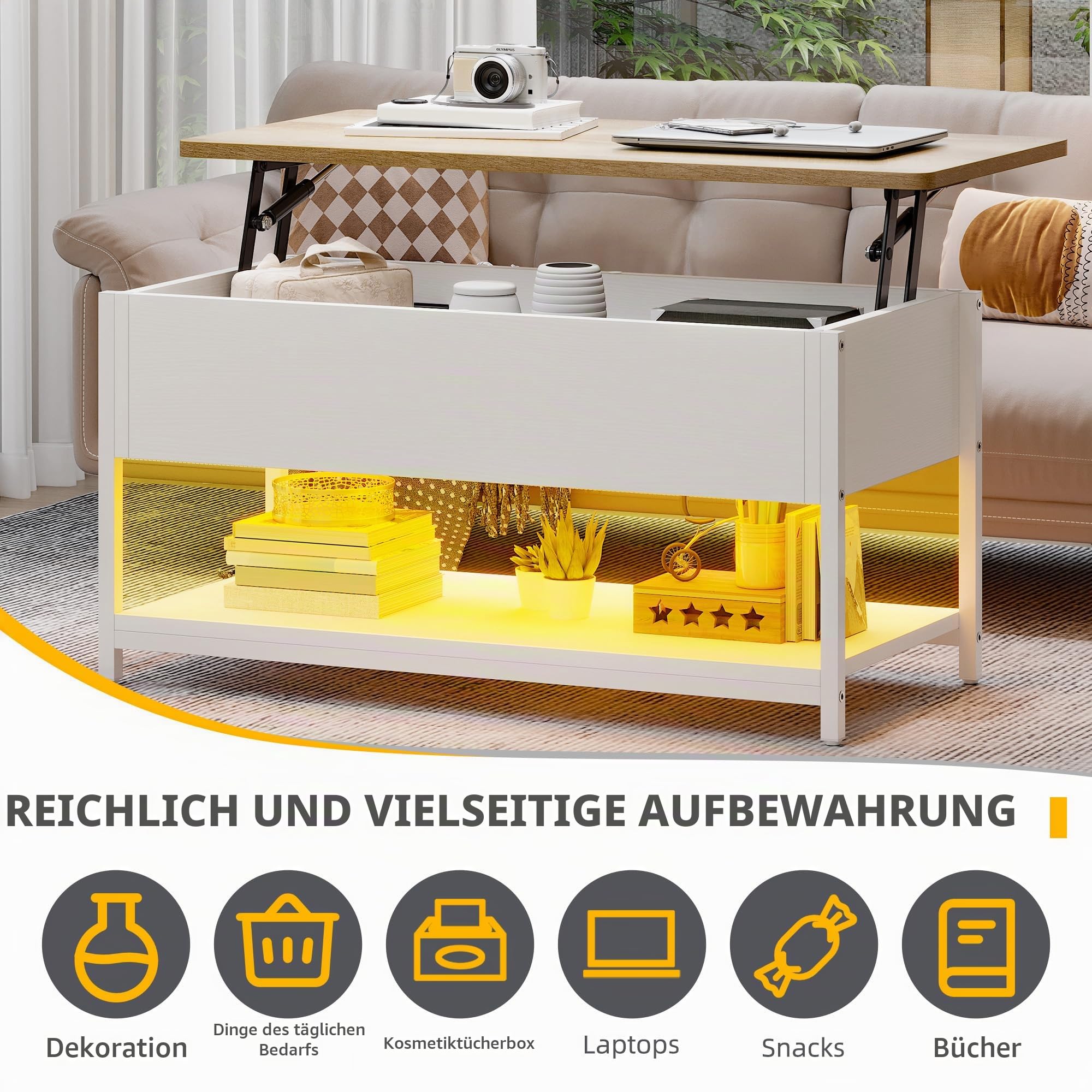 DWVO Wohnzimmertisch Höhenverstellbar mit Steckdose und 16-farbigem LED-Lichtstreifen, Couchtisch mit Verstecktem Stauraum für Wohnzimmer, Schlafzimmer und Büro, 100x50x(49-63.5) cm