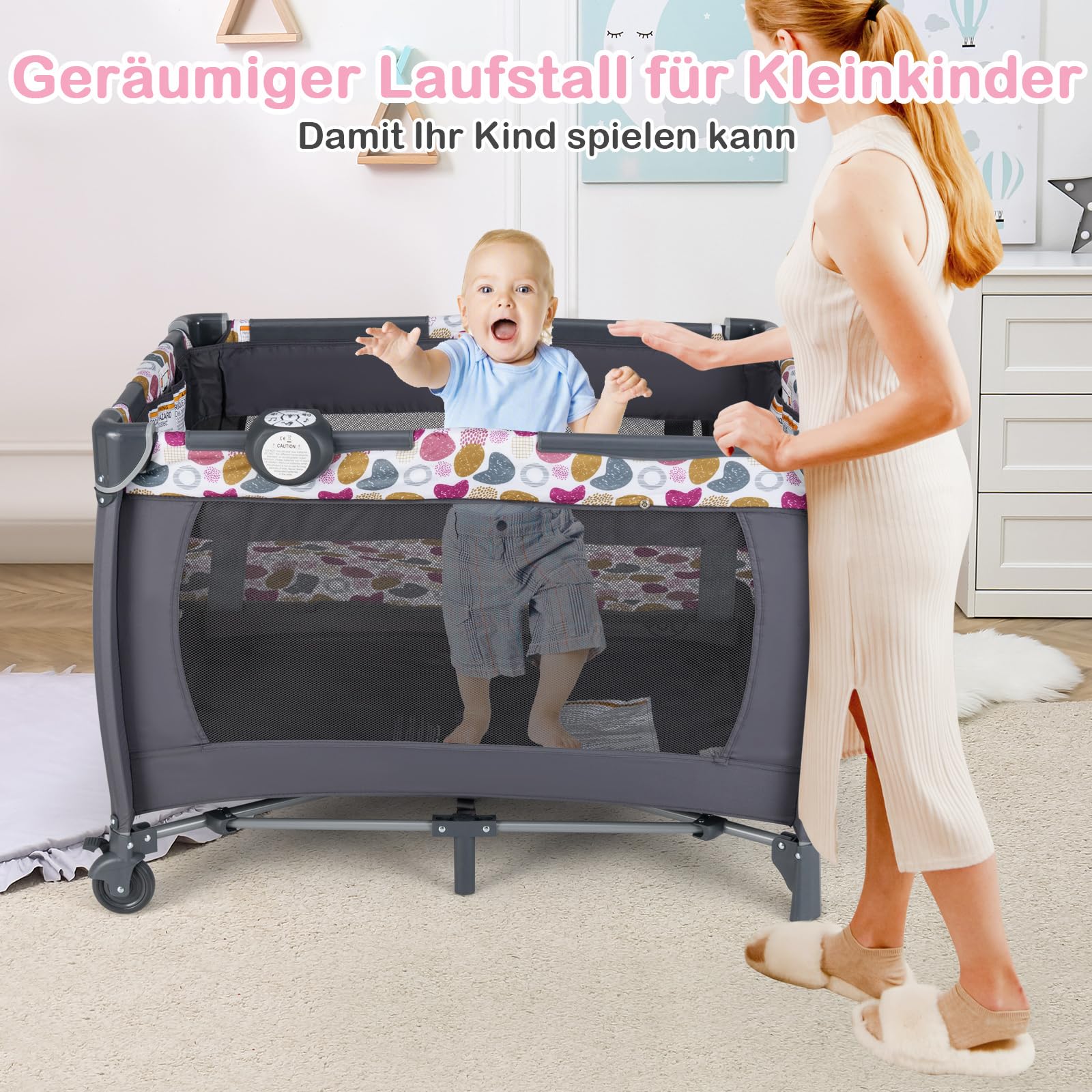 GOPLUS 5-in-1 Babybett, Beistellbett Baby mit Wickelauflage, Bremsrädern und Reisetasche, Musikbox mit Vibrationsfunktion, 2 hängende Spielzeuge, tragbares Reisebett mit Transporttasche (Rosa)