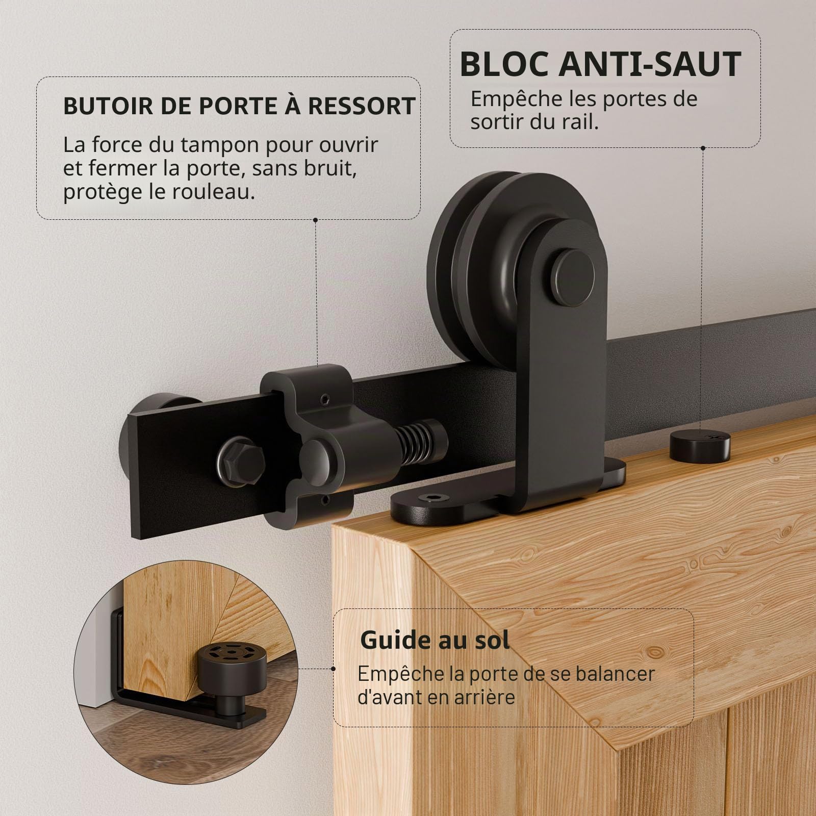 CCJH 1.73M/5.6FT Quincaillerie De Porte Coulissante Kit Porte Coulissante Rail Contient un Guide de Plancher Réglable