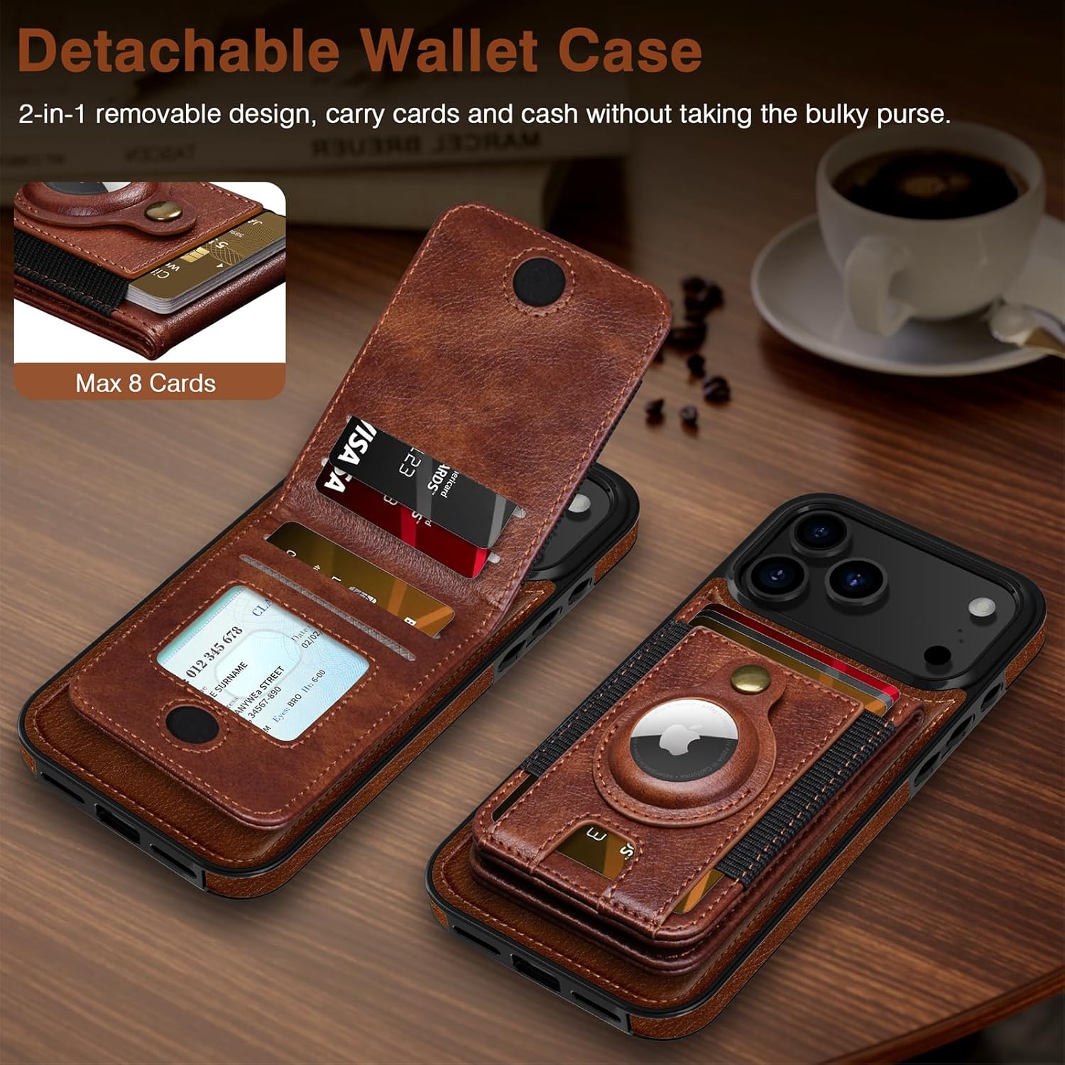 LOHASIC for iPhone 17 Pro Case, Leather Wallet Magnetic Detachable Credit Card Holder Slot with RFID Blocking Protective Phone Cases 6.3 inch 2025, Dark Brown