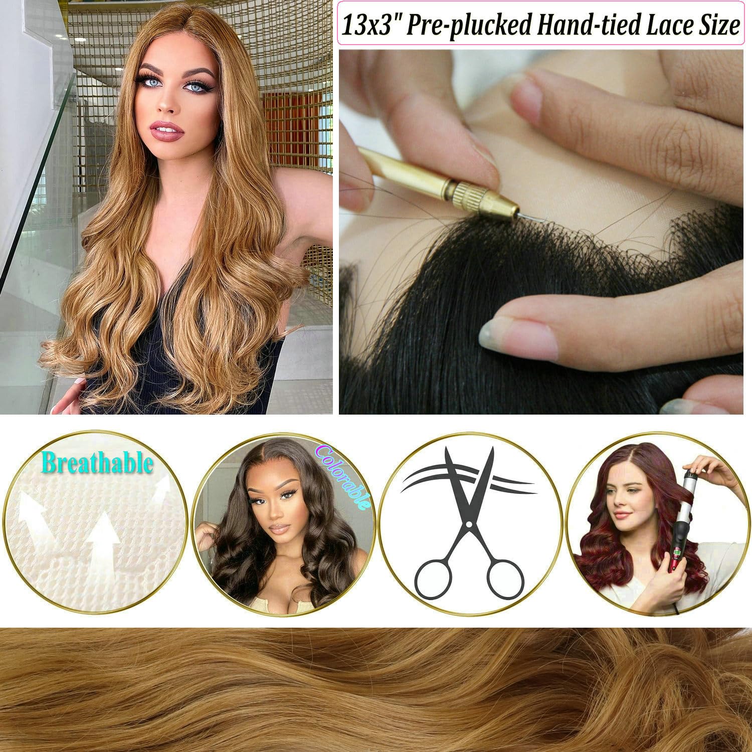 13x3 Synthetic Lace Front Wig, 24 Inch Medium Blonde Long Curly Layered Wigs, Natural Density Hairline Glueless Wigs for Women Daily Cosplay Party Use