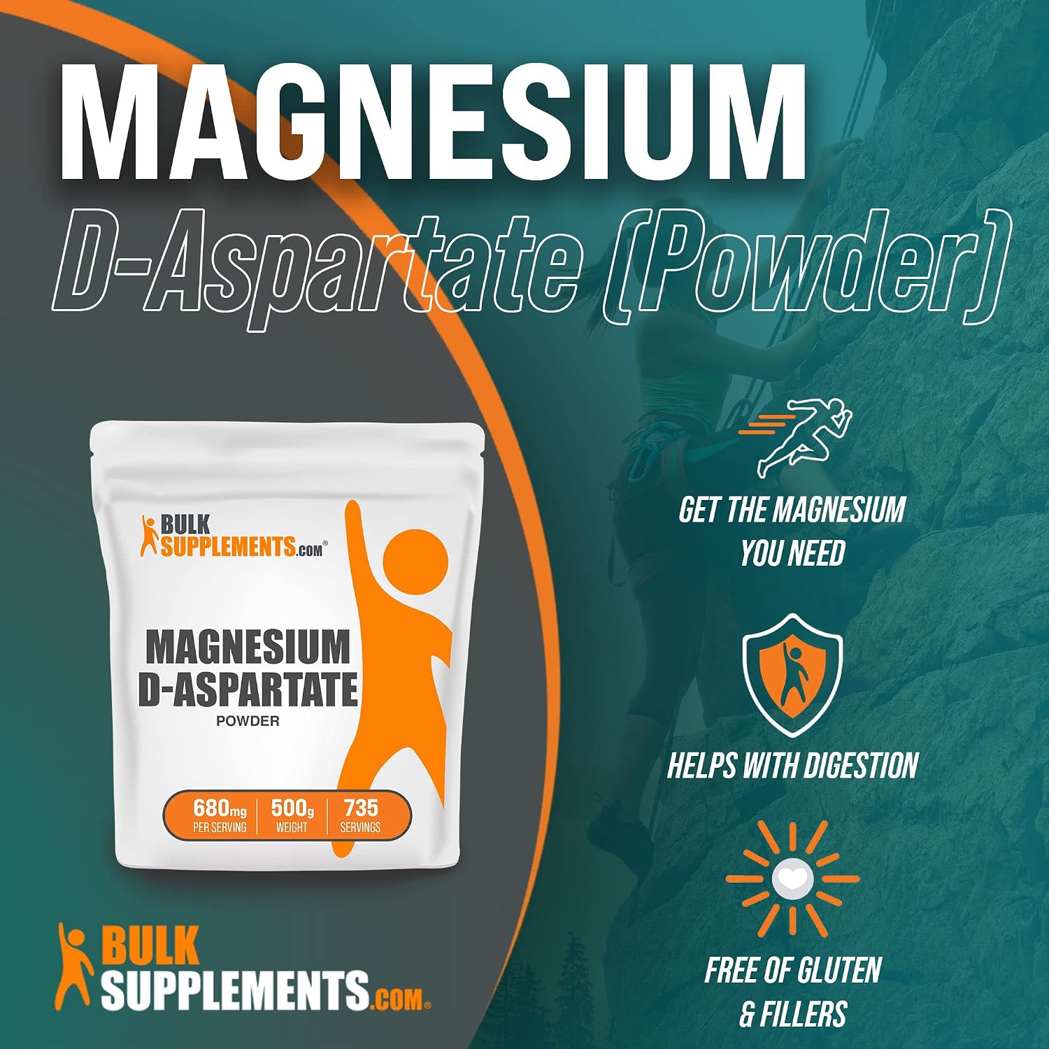 BulkSupplements.com Magnesium D-Aspartate Powder - High Absorption Magnesium - Magnesium Supplement - Magnesium Aspartate Powder - 680mg (49mg of Magnesium) per Serving (500 Grams - 1.1 lbs)