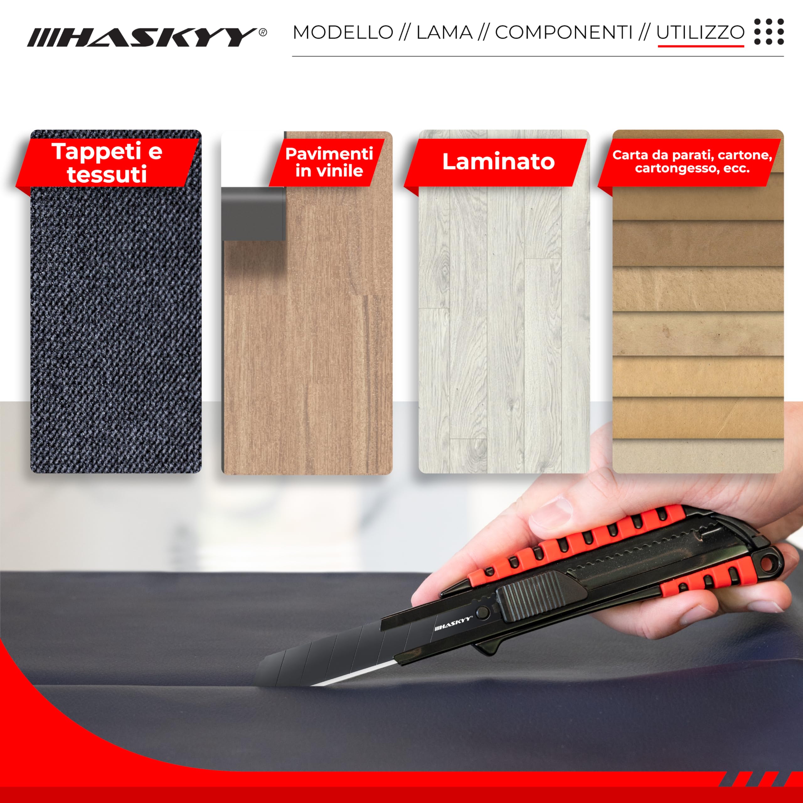 HASKYY Taglierino da Tappeto 18mm Set 5x Coltelli con Lama SK5 Ergonomico