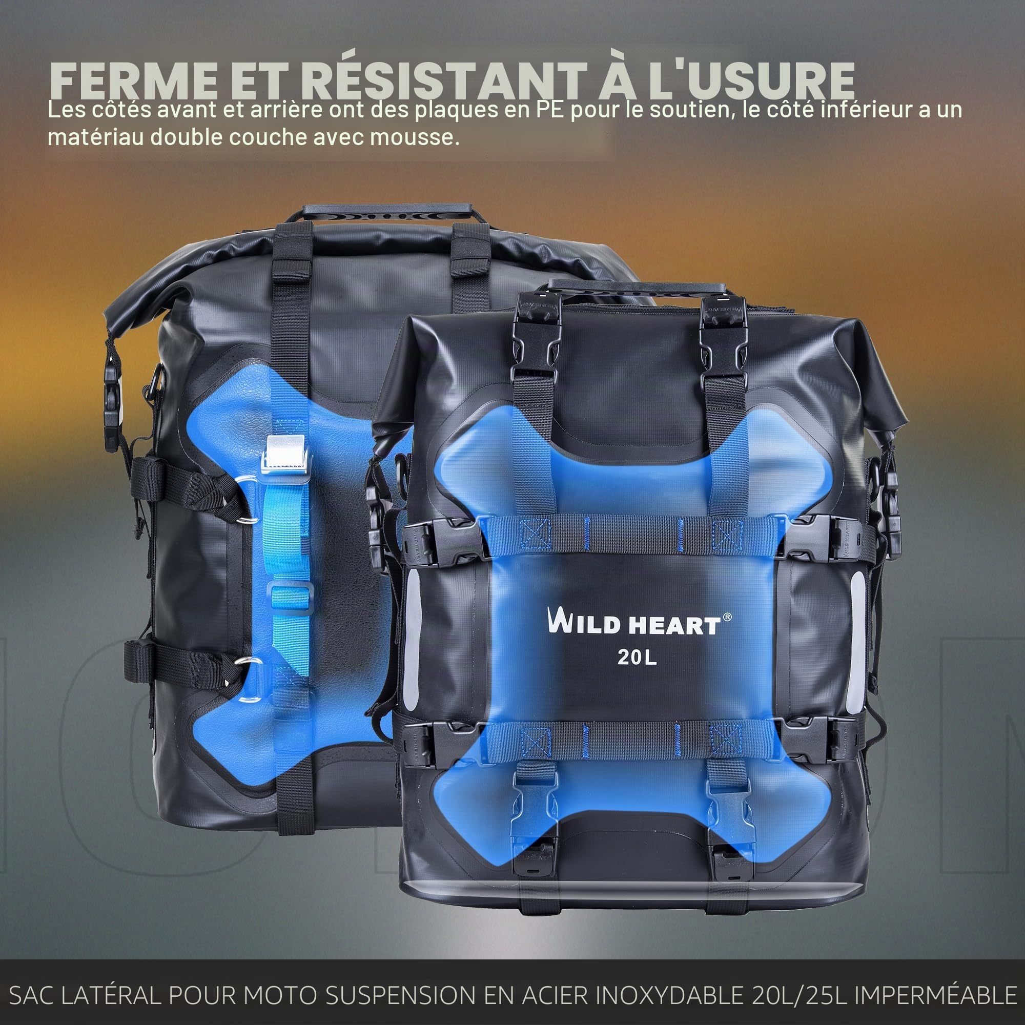 WILD HEART Sacoche latérale de Moto Suspension en Acier Inoxydable Sac étanche Sacoche de Selle 20L/25L Sac étanche Pianner Bag Résistant à l'usure Accessoires de Moto D'usage (Noir, 20l,One Pcs)