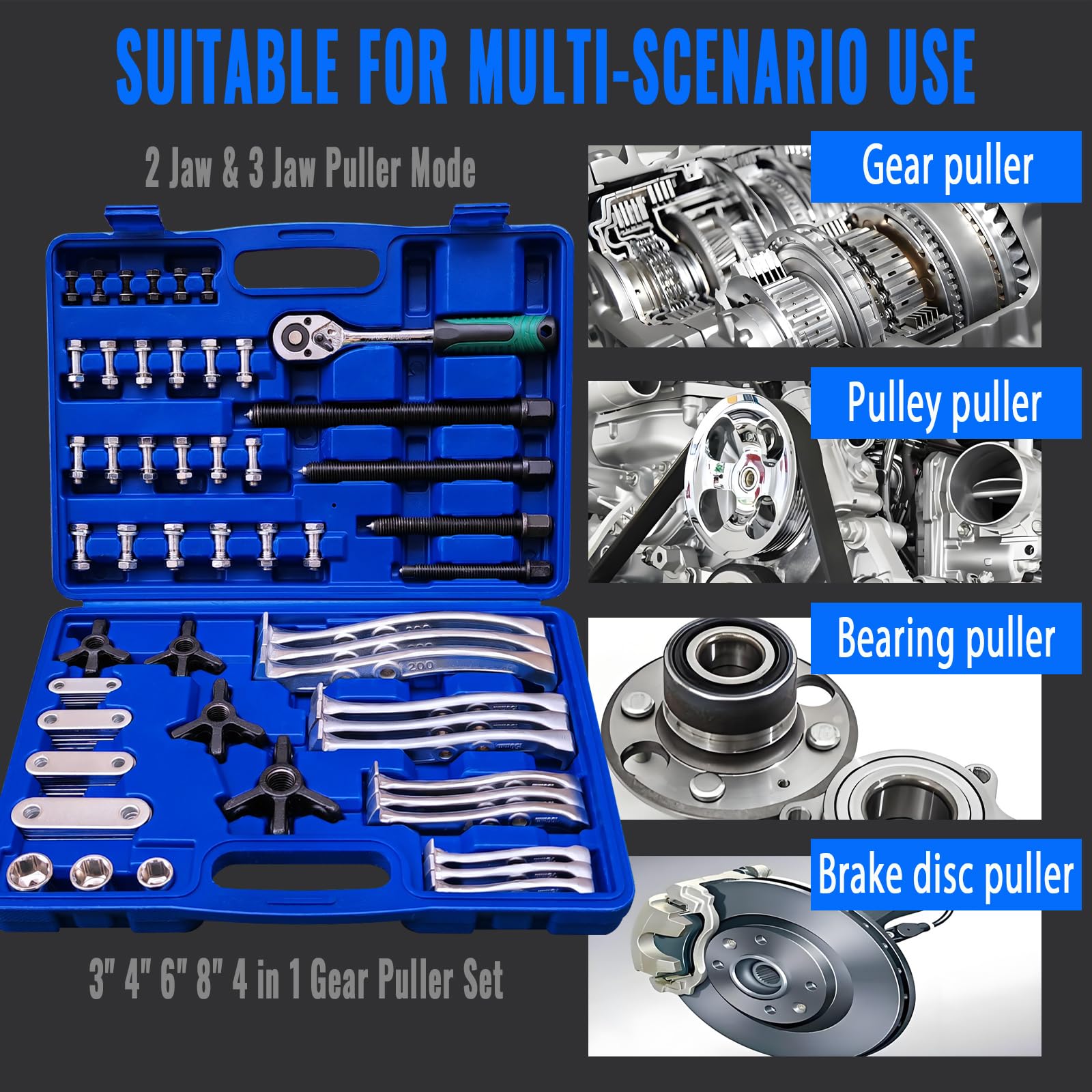 FOFLYRN 4 in 1 Gear Puller Set,2 Jaw & 3 Jaw Bearing Puller Kit,72pcs 3