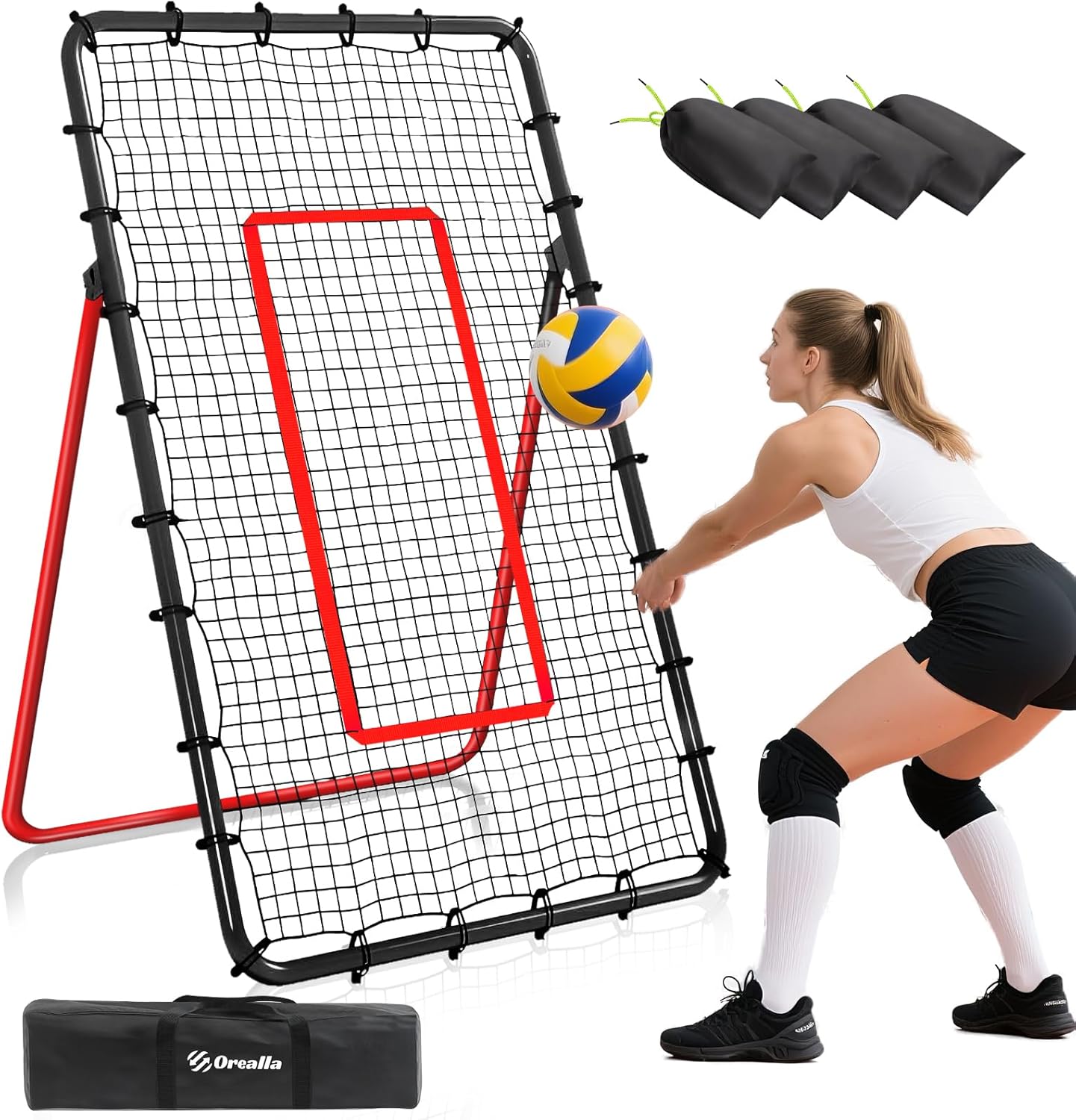 Volleyball Rebounder Net, 5 Angles Volleyball Bounce Back Training Equipment with Durable Sandbags & Metal Stakes for Lacrosse, Baseball, Soccer Practicing - 7x4 Ft