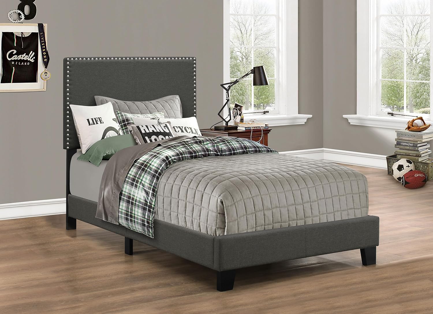 Coaster Home Furnishings - Boyd - Wood - Upholstered Panel Bed with Chrome Nailhead Trim, Open Frame and Transitional Design - Bedroom - Twin Size - Charcoal - 350061T