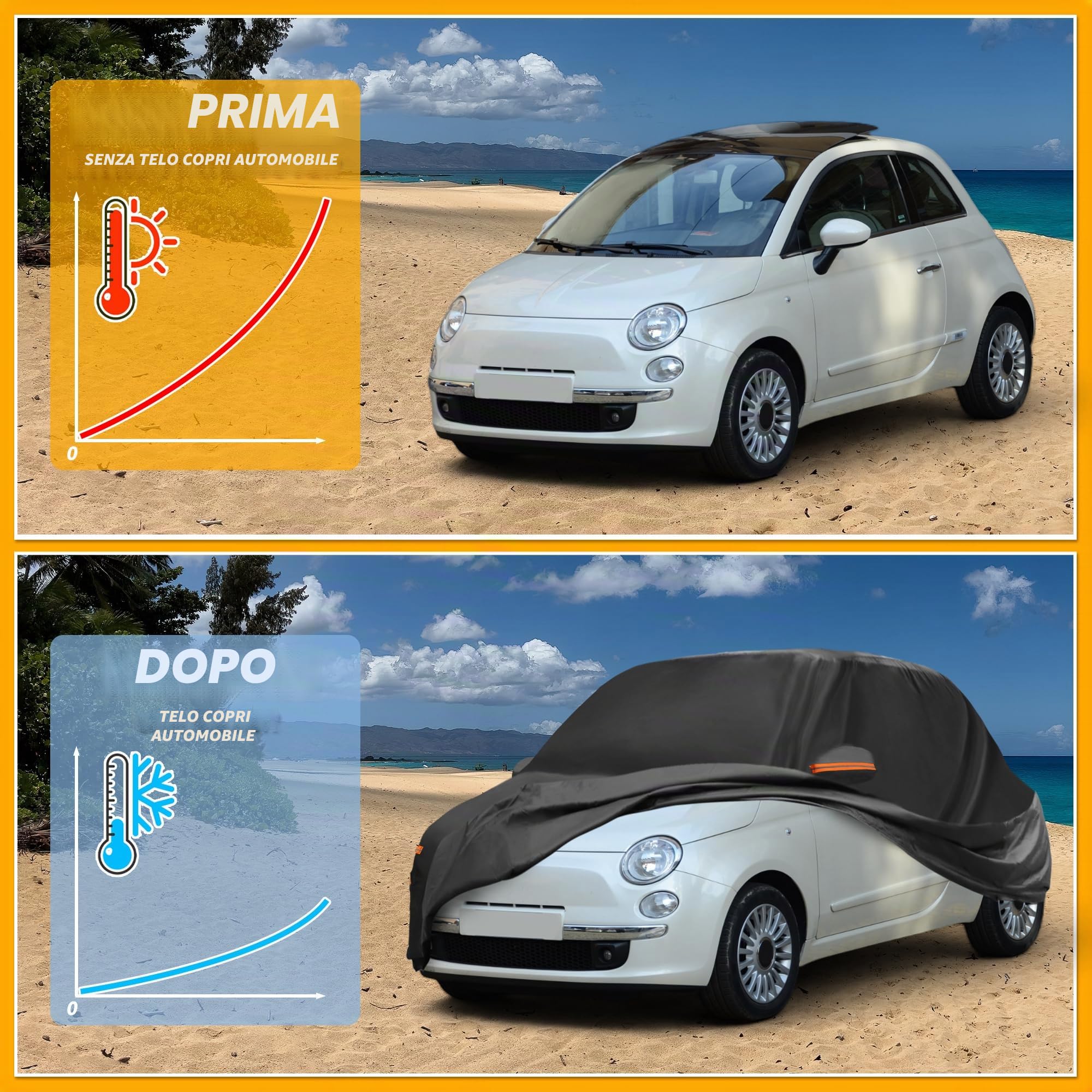 Copertura Auto Impermeabile Per Fiat 500 2007-2022 1 Pezzo | Colore: Nero, Materiale: 190T-PU, Dimensioni: 380x170x135cm, Cerniera Cabina, Cavo Elastico, Strisce Riflettenti