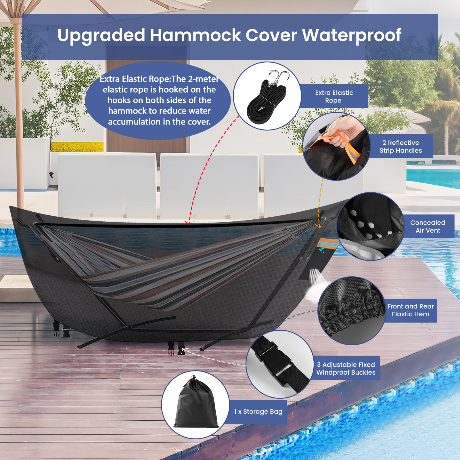 Funda para hamaca, impermeable, resistente al agua, resistente al viento, funda universal para hamacas exteriores, transpirable con ventilación, tira impermeable, 3 hebillas a prueba de viento, funda