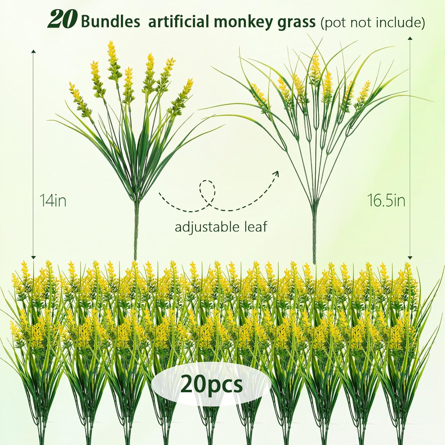 Artificial Plants Outdoor, 20 Bundles Fake UV Resistant Monkey Grass with Flowers for Pot Garden Decor, Outdoor Faux Plants Window Verandah Office Patio Planter Pathway Front Porch(Yellow)