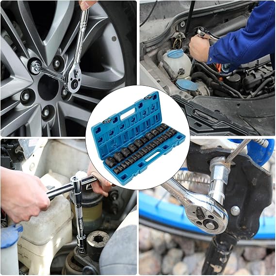 Impact Socket Set 1/2 Inches 26 Piece Impact Sockets, Shallow Socket, 6-Point Sockets, Rugged Construction, CR-V, 1/2 Inches Drive Socket Set Impact Metric 10mm - 36mm, with a Storage Cage