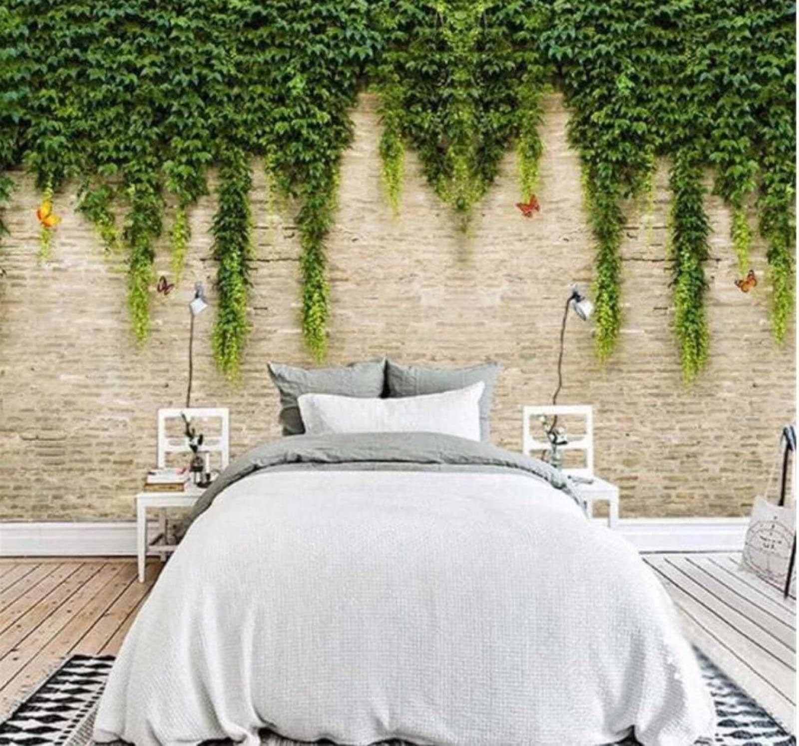 XLMING Fresh Green Leaves Vines Butterflies Brick Wall 3D Wallpaper Luxury Home Dining Decor Paste Sofa Living Room The Wall for Bedroom Mural-300cm×210cm