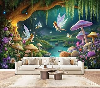 Wall Mural Peel & Stick Magical Fairy Garden Mushrooms Flowing Stream Self-Adhesive Wallpaper Removable Wall Decal Wall Sticker Home Decor for Living Room Bedroom 100"x144"