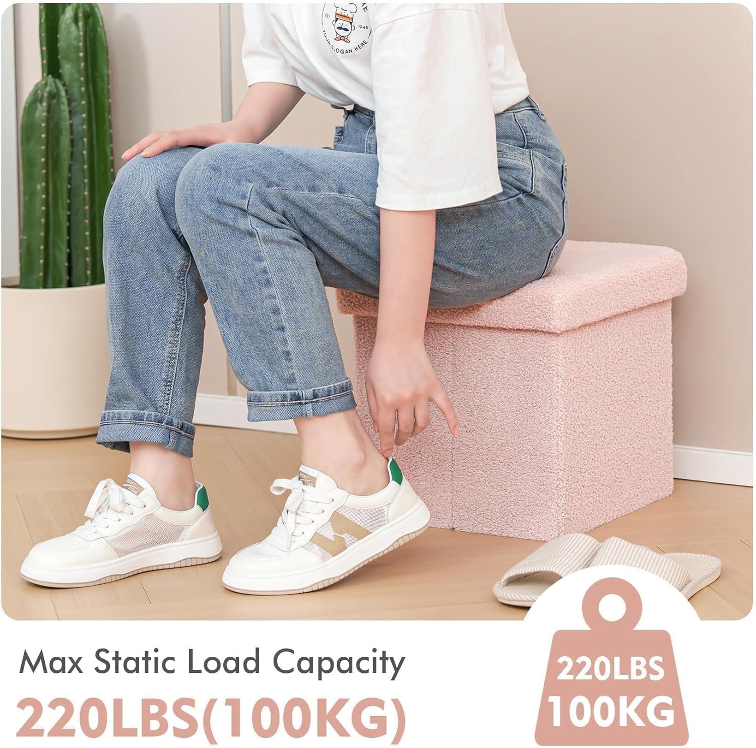 B FSOBEIIALEO Small Storage Ottoman Cube Sherpa Ottomans Foot Rest, Foldable Boucle Ottoman, Faux Teddy Fur, Pink 12.6"x12.6"x12.6" - Image 5