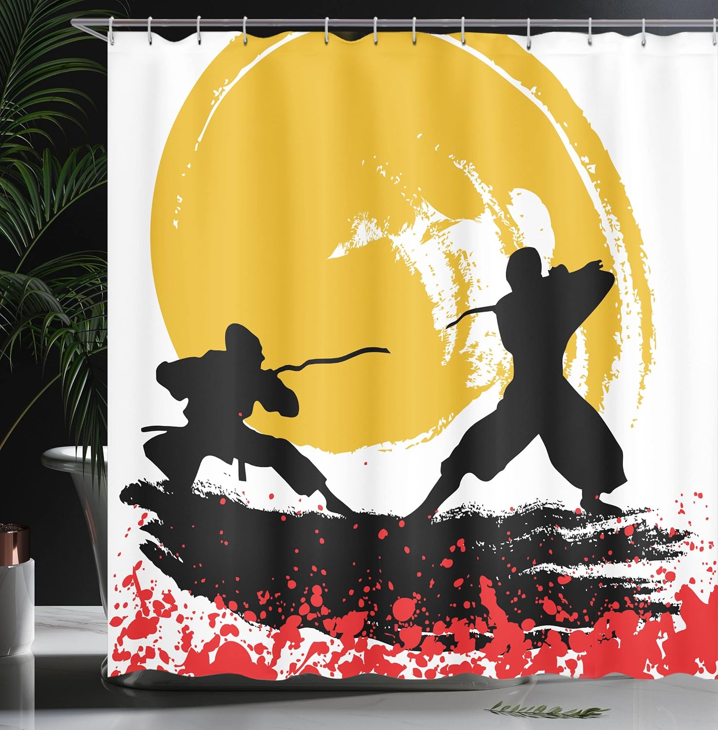 Ambesonne Japanese Shower Curtain, Watercolor Style Silhouette Ninjas in The Moonlight Medieval, Cloth Fabric Bathroom Decor Set with Hooks, 69" W x 75" L, Vermilion Mustard