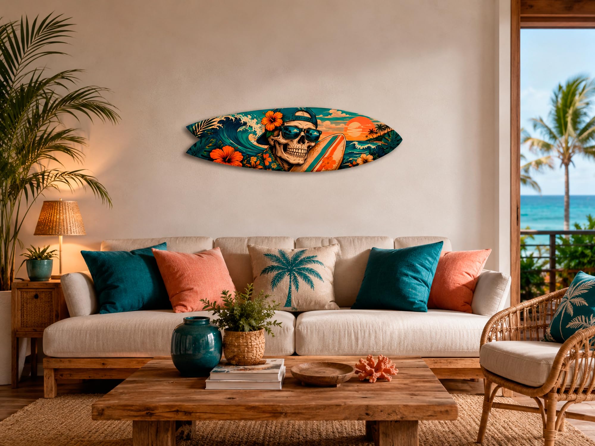 DECLINA – Planche Surf Déco Skull Sunset – Décoration Murale – Impression HD sur Aluminium Dibond – 100 x 30 cm – Fabrication Française