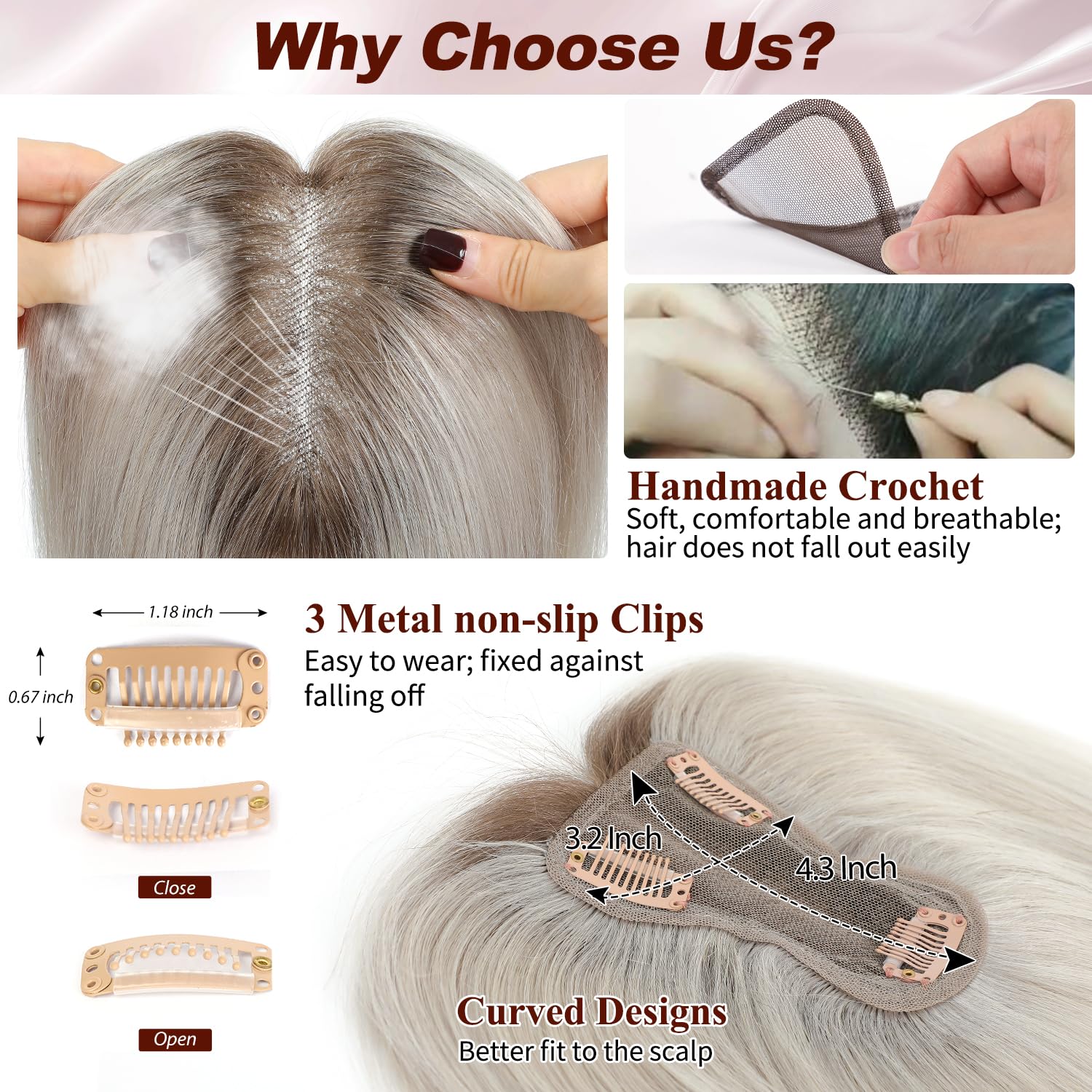 Hair Toppers for Women Real Human Hair Silver Grey Hair Toppers for Women with Thinning 10inch Clip in Hairpieces for Dark Root, Breathable and Comfortable Swiss Base, Not Afraid of Hot
