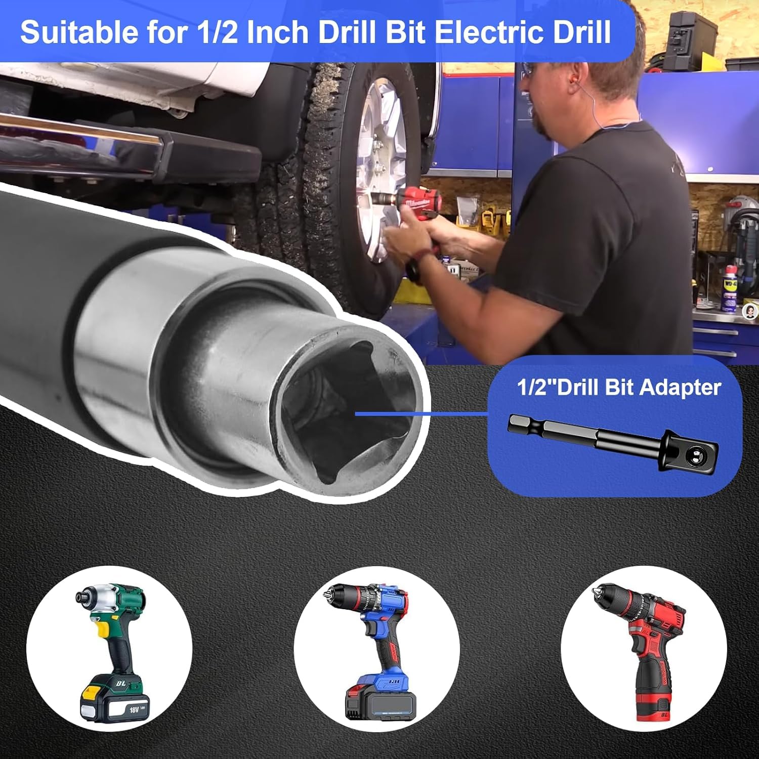 Llave de extensión compensada para taladros eléctricos y llaves de impacto, herramienta multifunción que incluye 4 adaptadores de manguito de enchufe y adaptador de taladro eléctrico de 1,27 cm