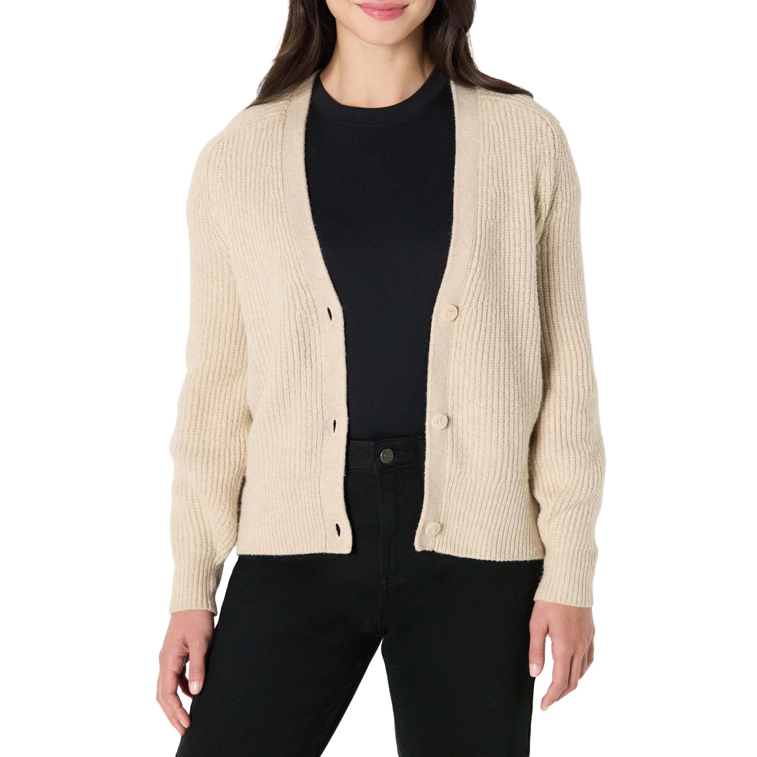 Amazon Essentials Women's Soft Touch Ribbed V Neck Blouson Cardigan Sweater, Beige, X-Small