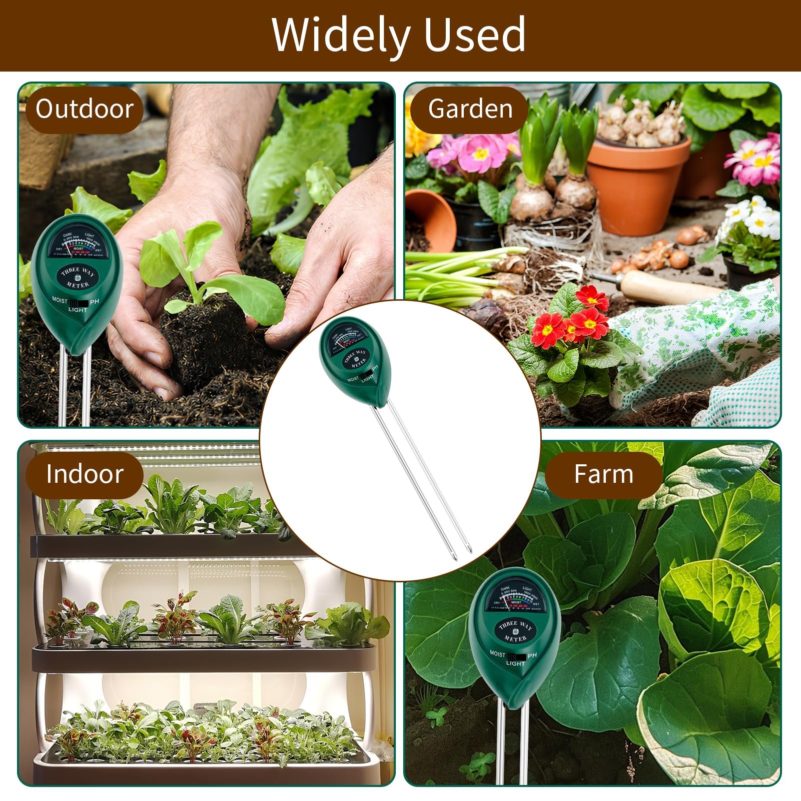 Medidor de pH 3 en 1 para medir la humedad del suelo, medidor de luz solar del suelo, indicador de riego de plantas, kit de prueba de suelo para jardín, granja, kit de prueba de suelo preciso