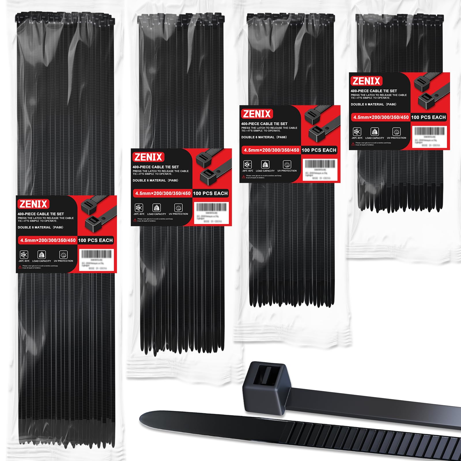 ZENIX Professional Cable Tie Set 400 Pieces 200/300/350/450mm (100 Pieces Each) | UV-Resistant up to 85°C | 28Kg Tensile Strength | for Indoor & Outdoor Use