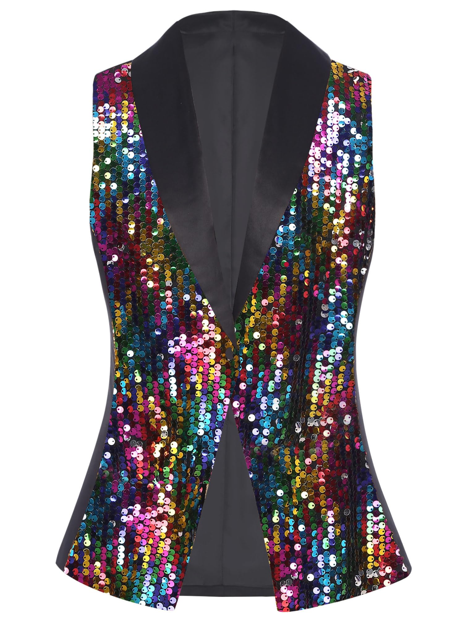 YiZYiF Womens Sparkly Sequin Waistcoat Top One Button Glitter Sleeveless Jacket Coat Disco Dance Vest