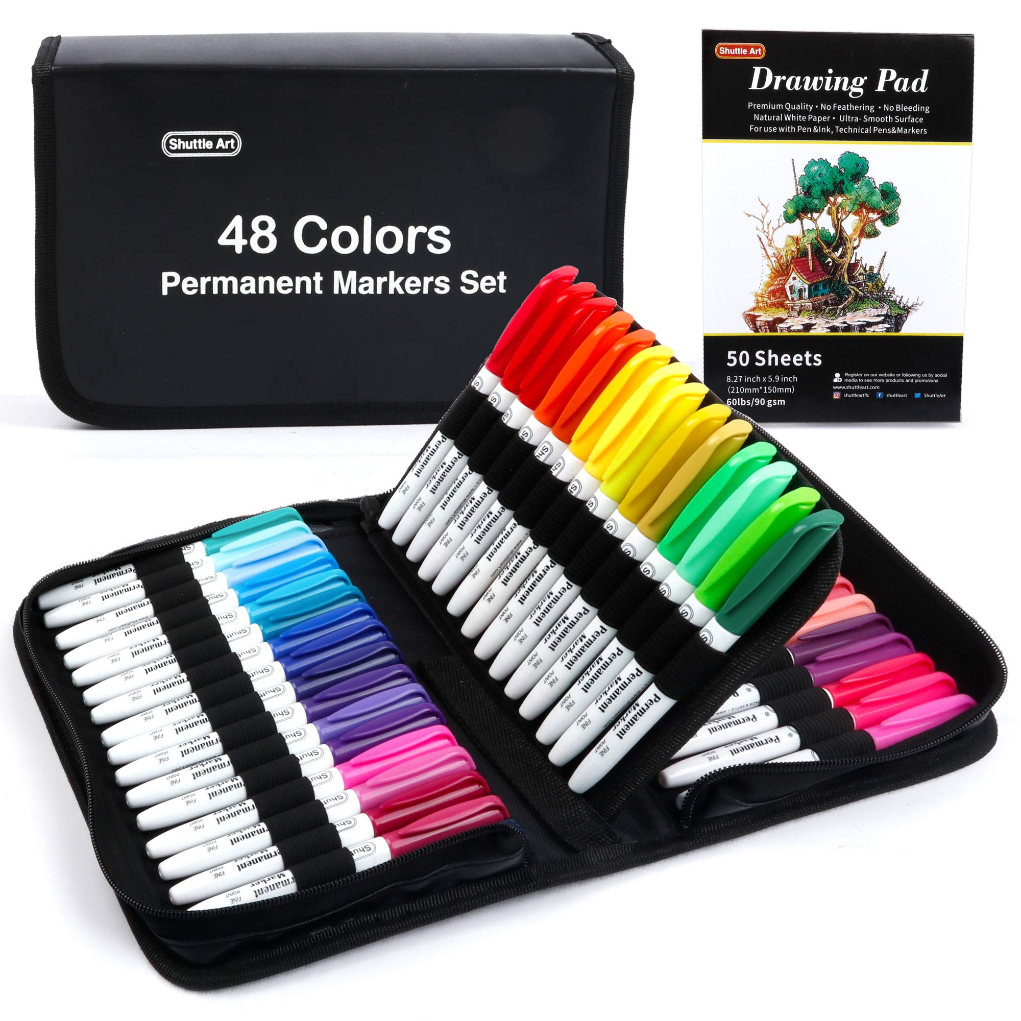 Shuttle Art Permanent Markers, 48 Colors Fine Point Permanent Marker Assorted Colors with Travel Case, Ideal for Adults Coloring Doodling on Plastic, Glass, Wood and Stone, Gift for Kids