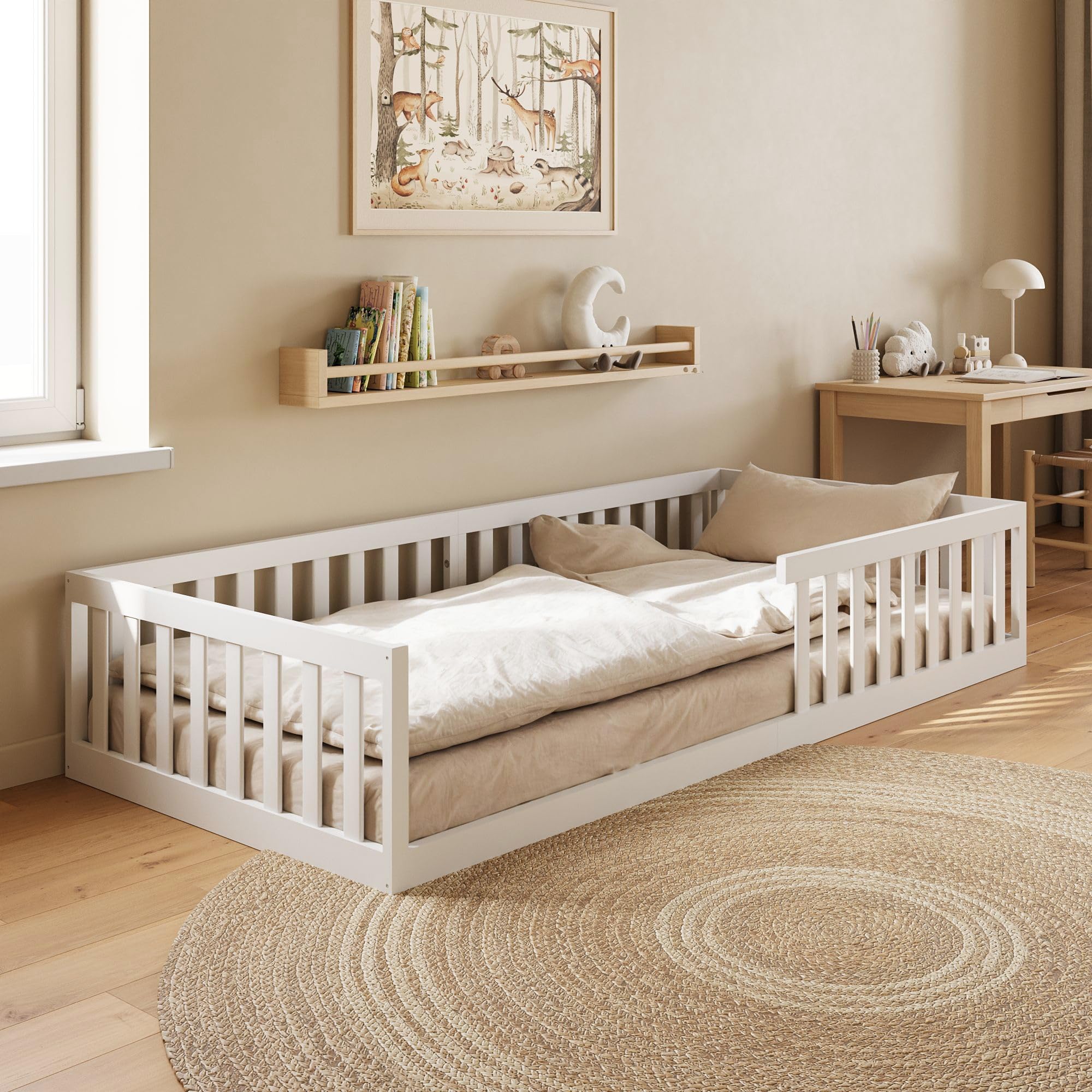 Kids Collective Kinderbett Bodenbett 90x200 cm mit Rausfallschutz & Lattenrost Montessori Bett Bed Gitterbett Kinder Jugendbett Einzelbett | Weiß | weitere Größen 120x200 140x200 cm