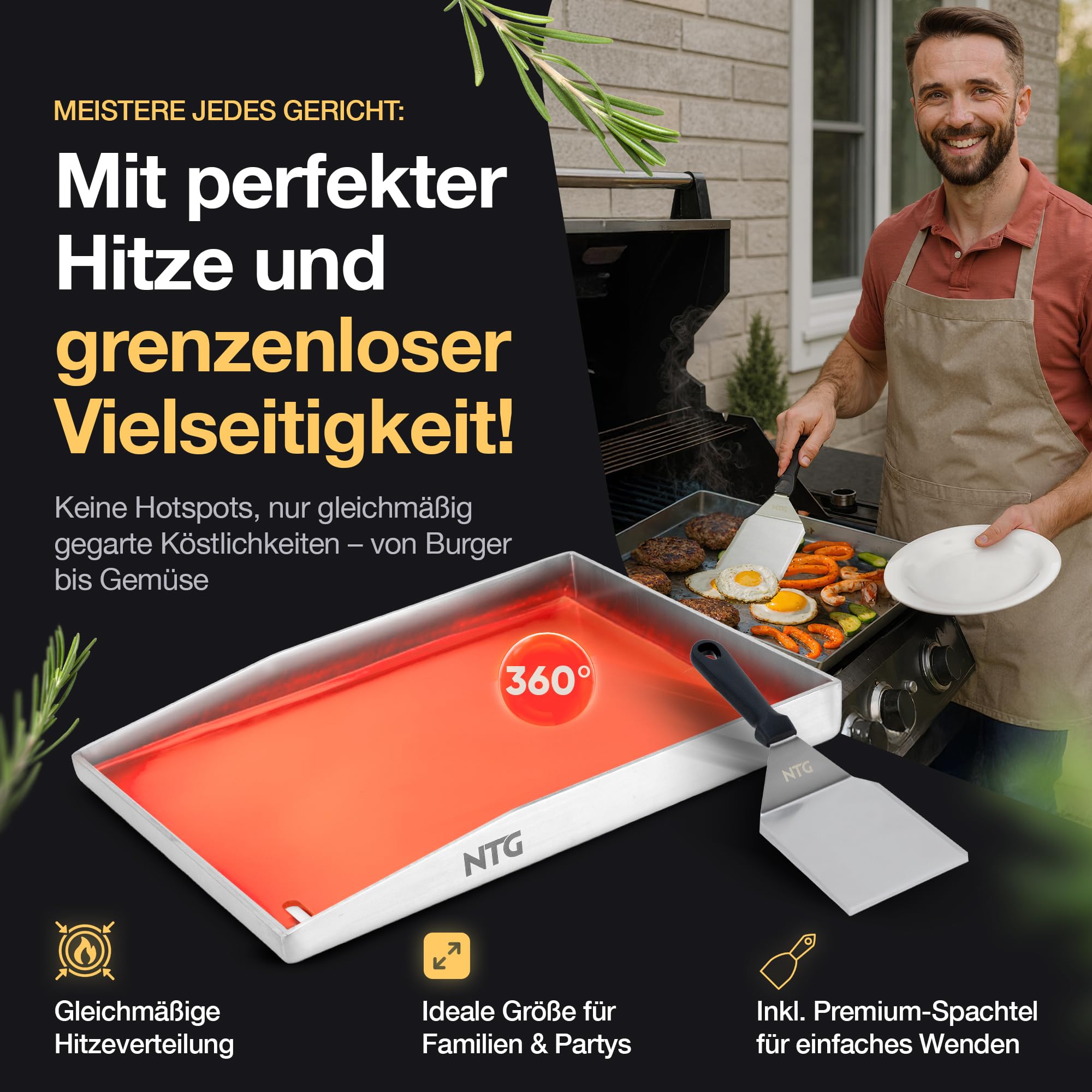 NTG - Płyta grillowa ze stali nierdzewnej 4 mm [40 x 30 cm] – Plancha z odpływem tłuszczu i szpachelką do grilla – do grilla gazowego i węglowego – odporne na odkształcenia akcesoria do grilla