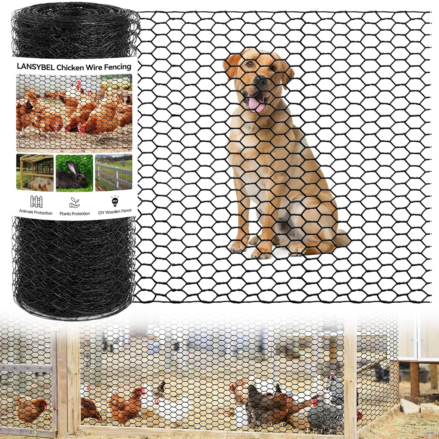 24in x 150ft Chicken Wire, Black Poultry Wire Netting, Hexagonal Galvanized Mesh, Outdoor Anti-Rust Surface Plastic Coating, Garden Fence Animal Barrier for Pet Rabbit Chicken Fencing