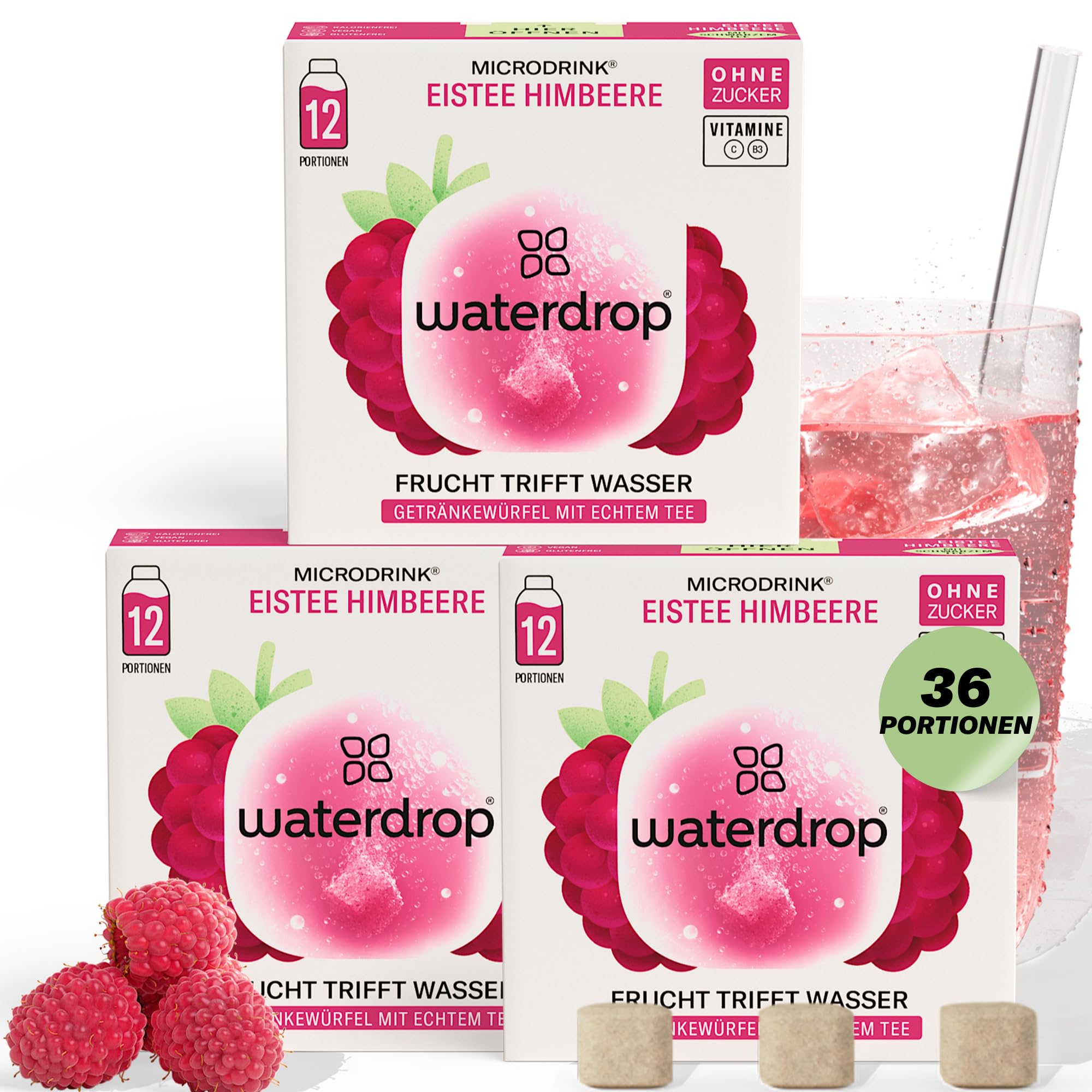waterdrop Himbeer-Eistee – 36 Eiswürfel ohne Zucker, Schwarztee & Himbeere, aromatisierte Wassertabletten, natürliche Frucht- und Pflanzenextrakte, angereichert mit Vitamin C und B