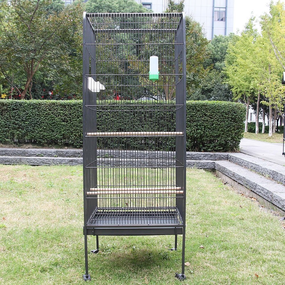 Melko Jaula de Pájaros de Hierro Gris, Aprox. 146 x 54,5 x 54,5 cm (Alto x Ancho x Profundidad), Incluye 4 Perchas + 2 Comederos, Cajón Extraíble para Fácil Limpieza
