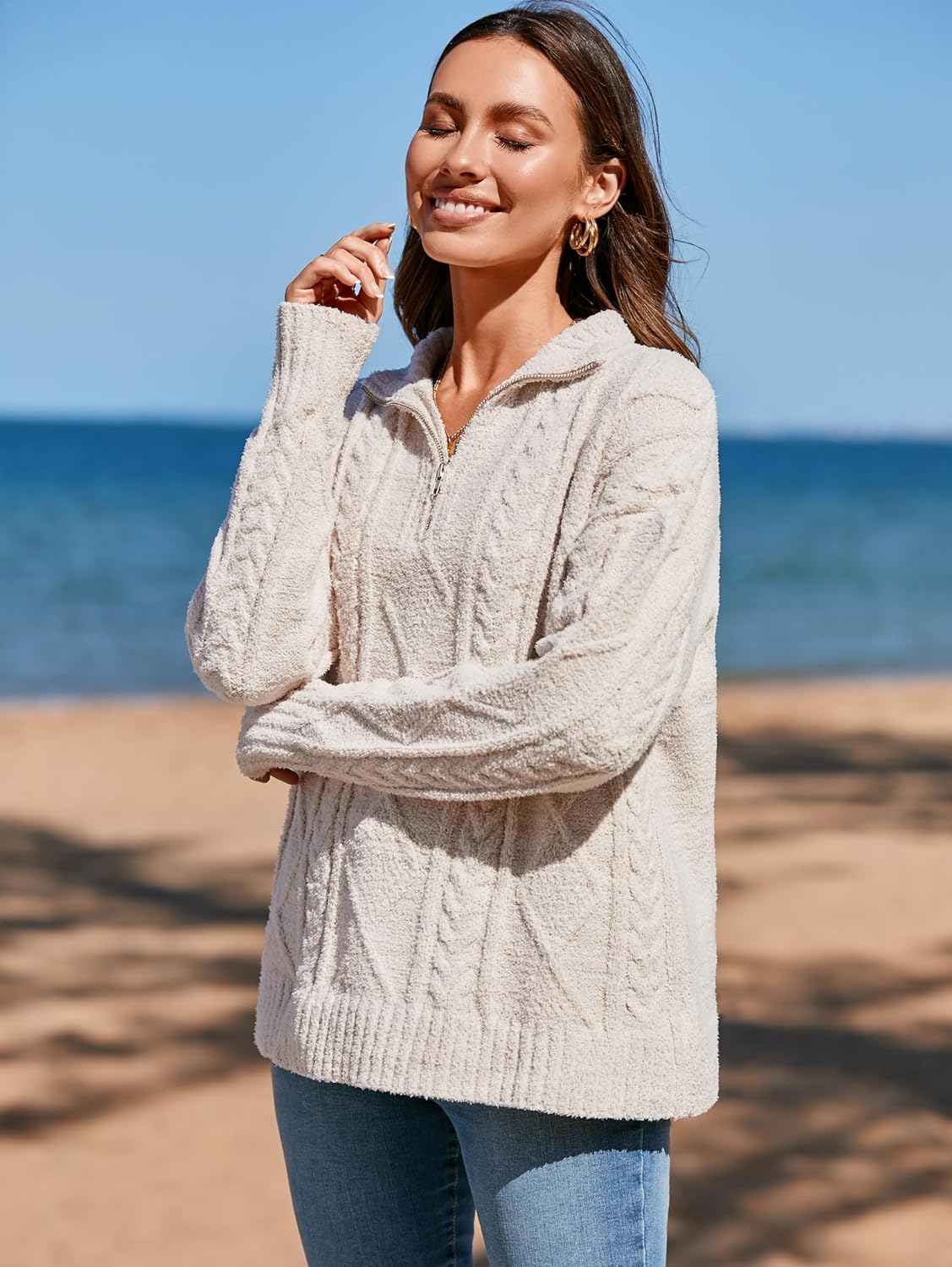 Famulily Womens Cute Cable Knit Sweater Long Sleeve Turtleneck Sweater Cozy Warm Half Zip Pullover Top - Image 2