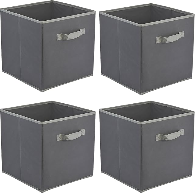 Foldable Square Canvas Storage Bins Collapsible Folding Box Fabric Cubes Organisers for Toys, Magazines, Nursery Items, Clothes, Art & Craft Supplies (Large 30 x 30 x 30 cm) (Grey, 4)
