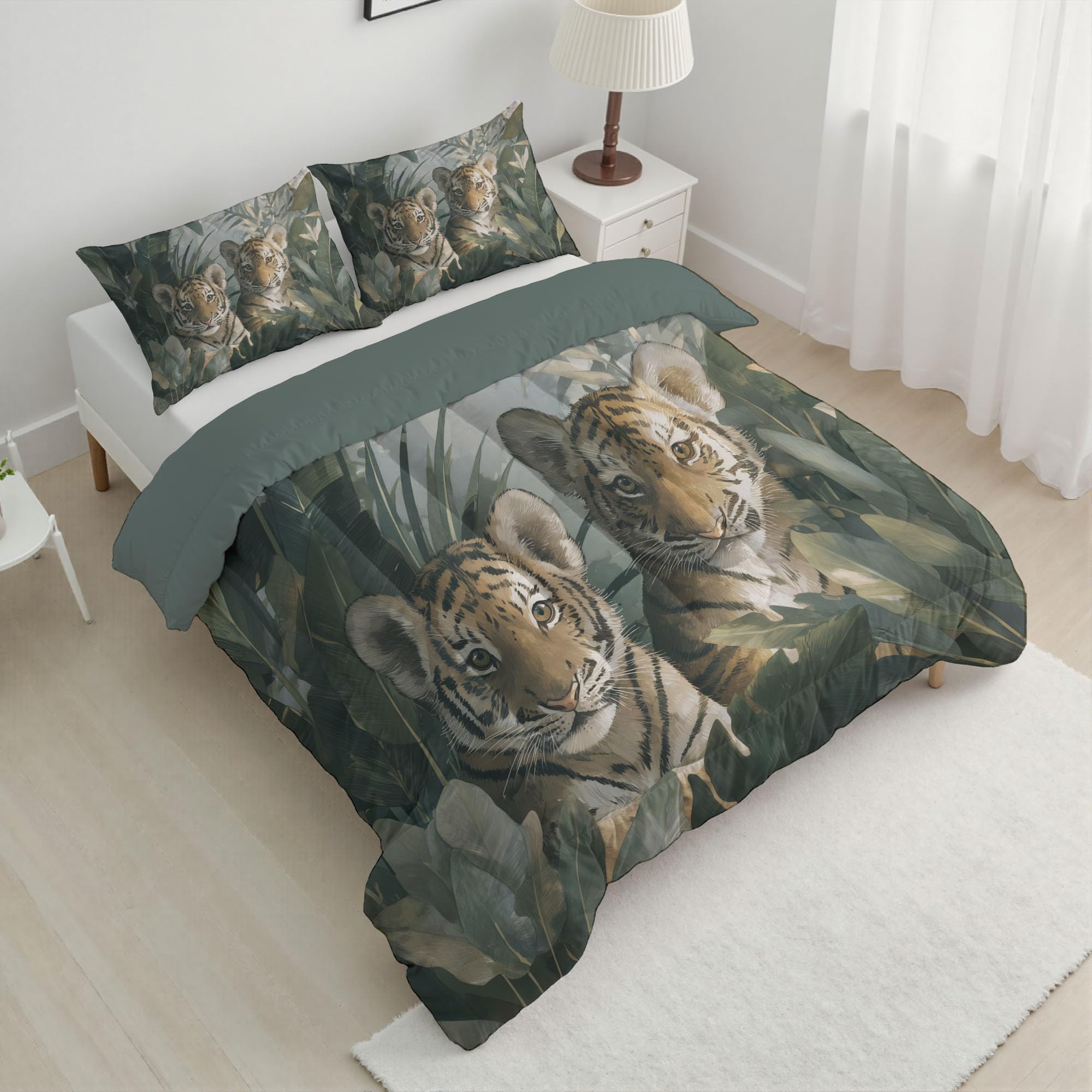 Trapunta Letto Singolo 4 Stagioni Piumone per Bambini, Semplicità Tigre Leggero Astratto Foglia Di Banana Set di Biancheria da Letto 140x200cm con 1 Federe,Piumino Lavabile In Lavatrice