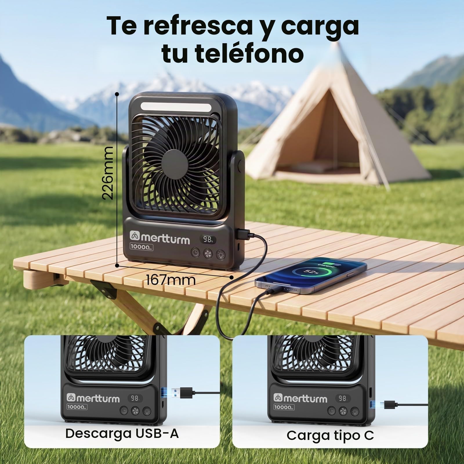 MERTTURM Ventilador Magnético de Escritorio para Crucero con Luz Nocturna, 10000mAh Recargable Portátil de Viaje con Mando a Distancia, 4 Velocidades, Temporizador, Gancho, para Acampar/Crucero/Golf