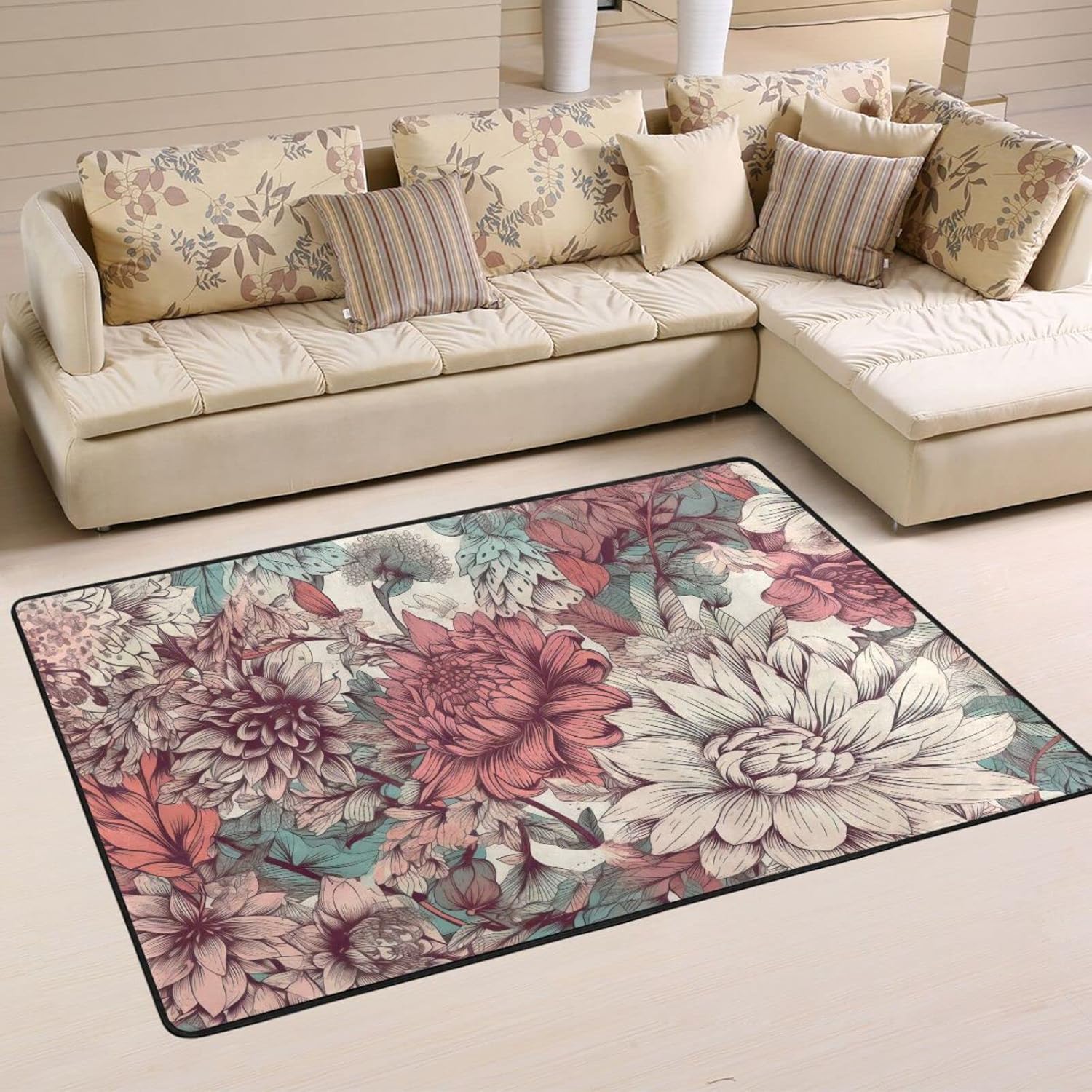 Vintage Red Floral Area Rug Comfy Anti Fatigue Non Slip Floor Mat for Living Room Bedroom Water Absorption Indoor Carpet for Hardwood Tiles Floor 3×2 FT