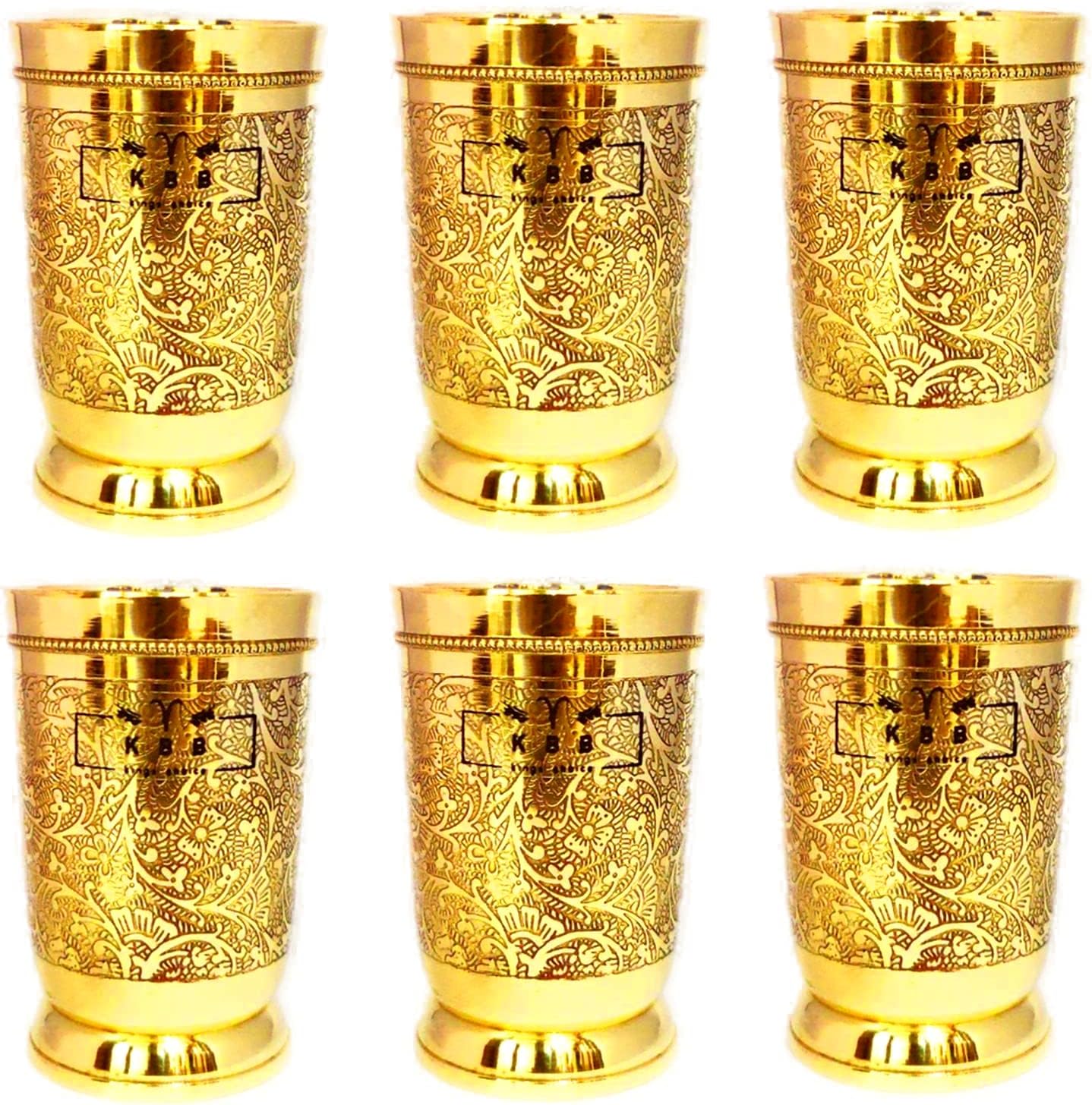 PURE BRASS GLASS TUMBLER with ETCHING ART FINISH, INDIAN HANDWORKED, (PACK of 6)