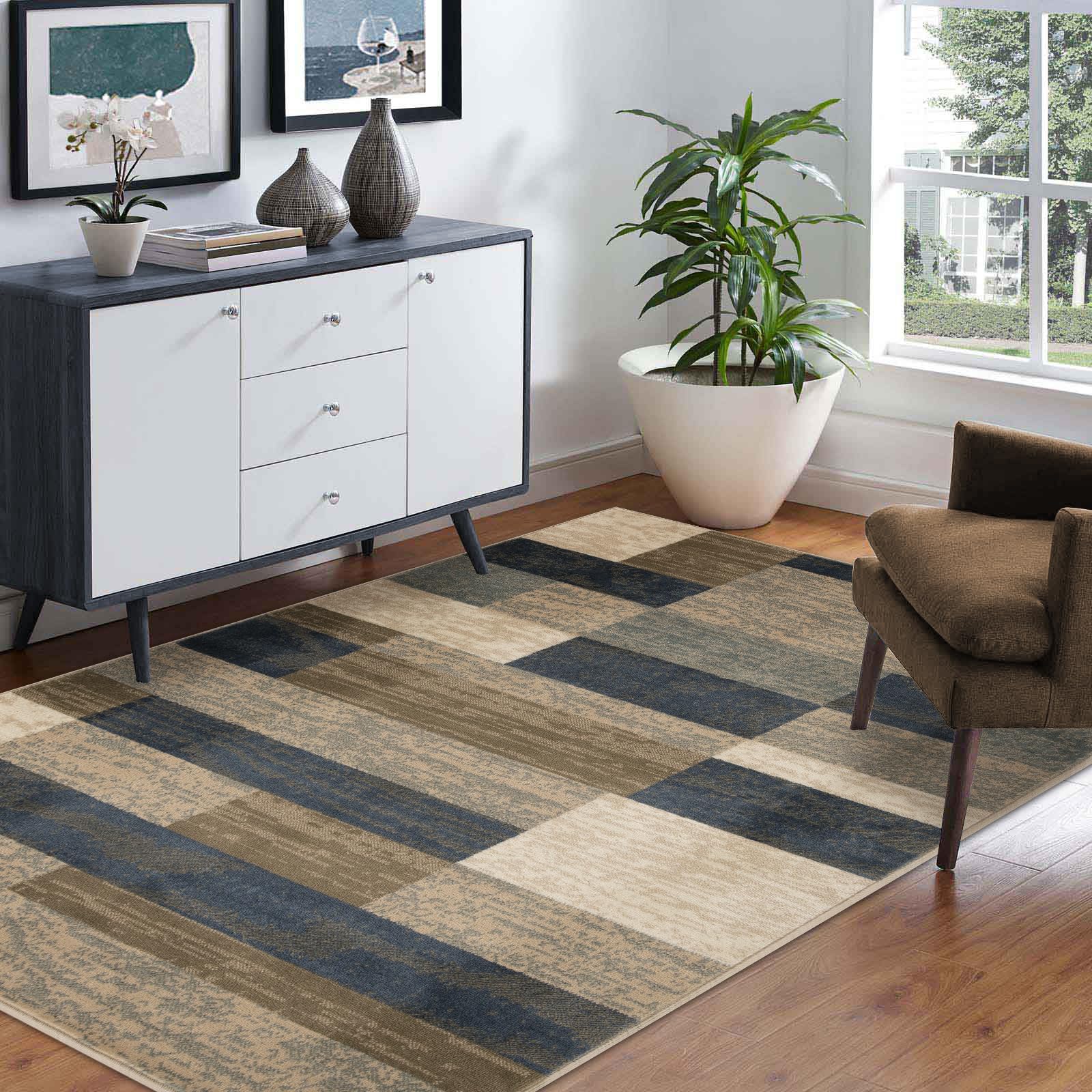 Superior Indoor Area Rug, Jute Backed, Modern Geometric Patchwork Floor Decor for Bedroom, Office, Living Room, Entryway, Hardwood Floors, Rockwood Collection, 8' x 10', Midnight Navy