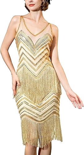 YESSA 1920s Flapper Dresses for Women,Lace V Neck Great Gatsby Dresses Fringed R