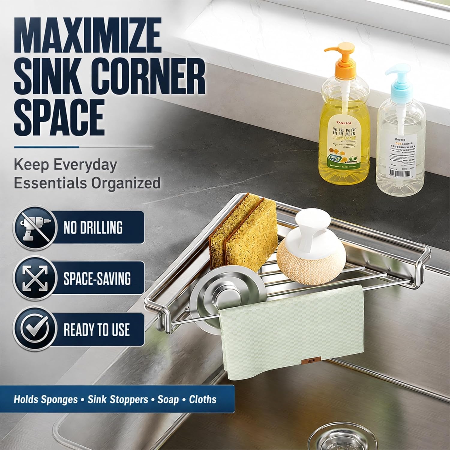 2 Pack Stainless Steel Corner Sink Caddy, Triangle Dish Drying Rack image 2