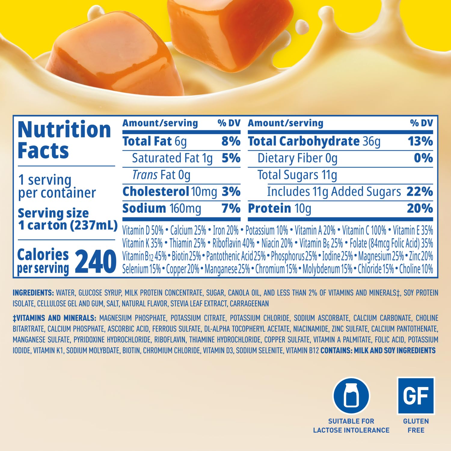 Carnation Breakfast Essentials Original Nutritional Drink, New Caramel Flavor, Ready-to-Drink, 10g Protein, Vitamins D & C, Key Nutrients for Immune Support, Gluten Free, Kosher, 8 FL OZ (24 Pack)