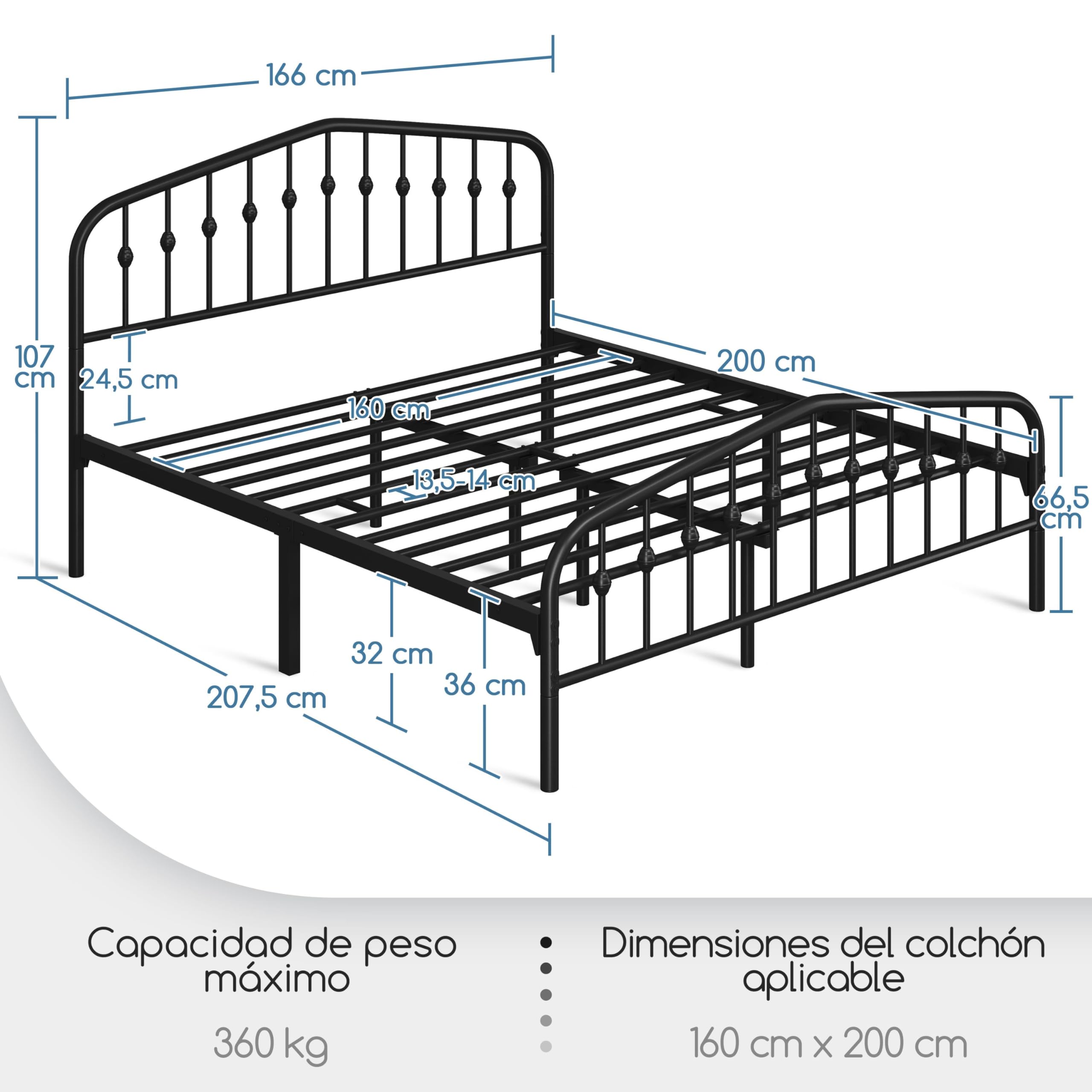 Yaheetech Marco de Cama de Metal Moderno 160 x 200 cm Negro