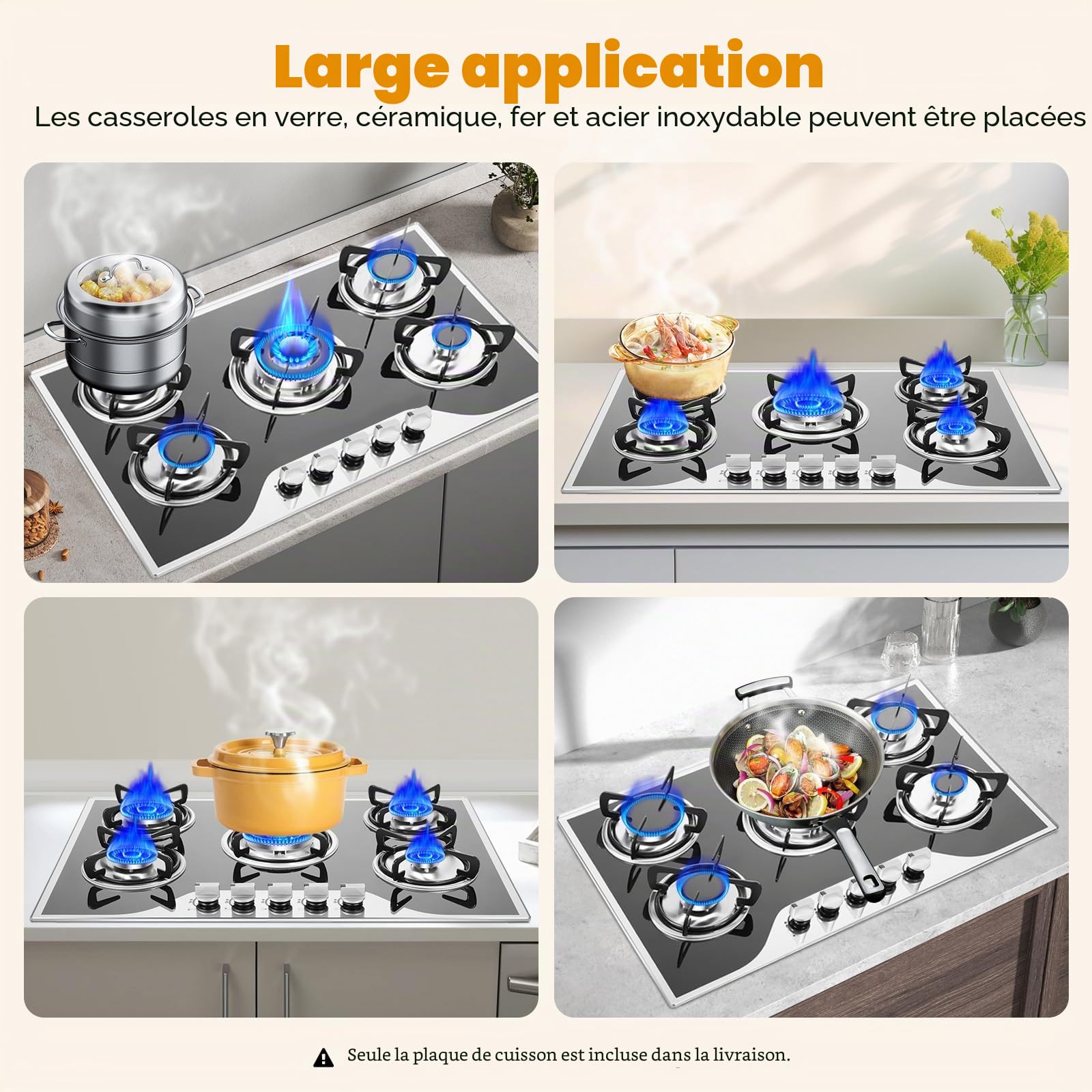 Plaque de cuisson à gaz 5 foyers avec surface en verre, plaque de cuisson à gaz en verre 5 zones - Pour gaz naturel ou GPL, 63% d'efficacité thermique, encastrable ou indépendante